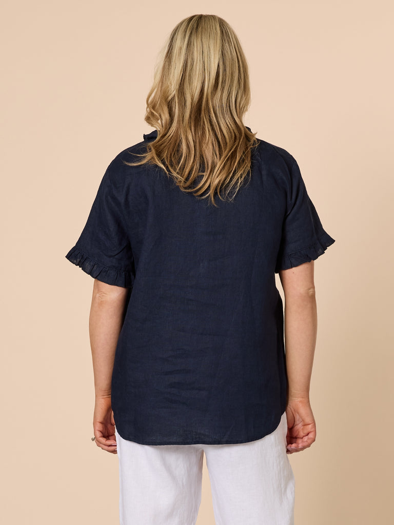 Tiffany Ruffle Linen Top - Navy RC&CO