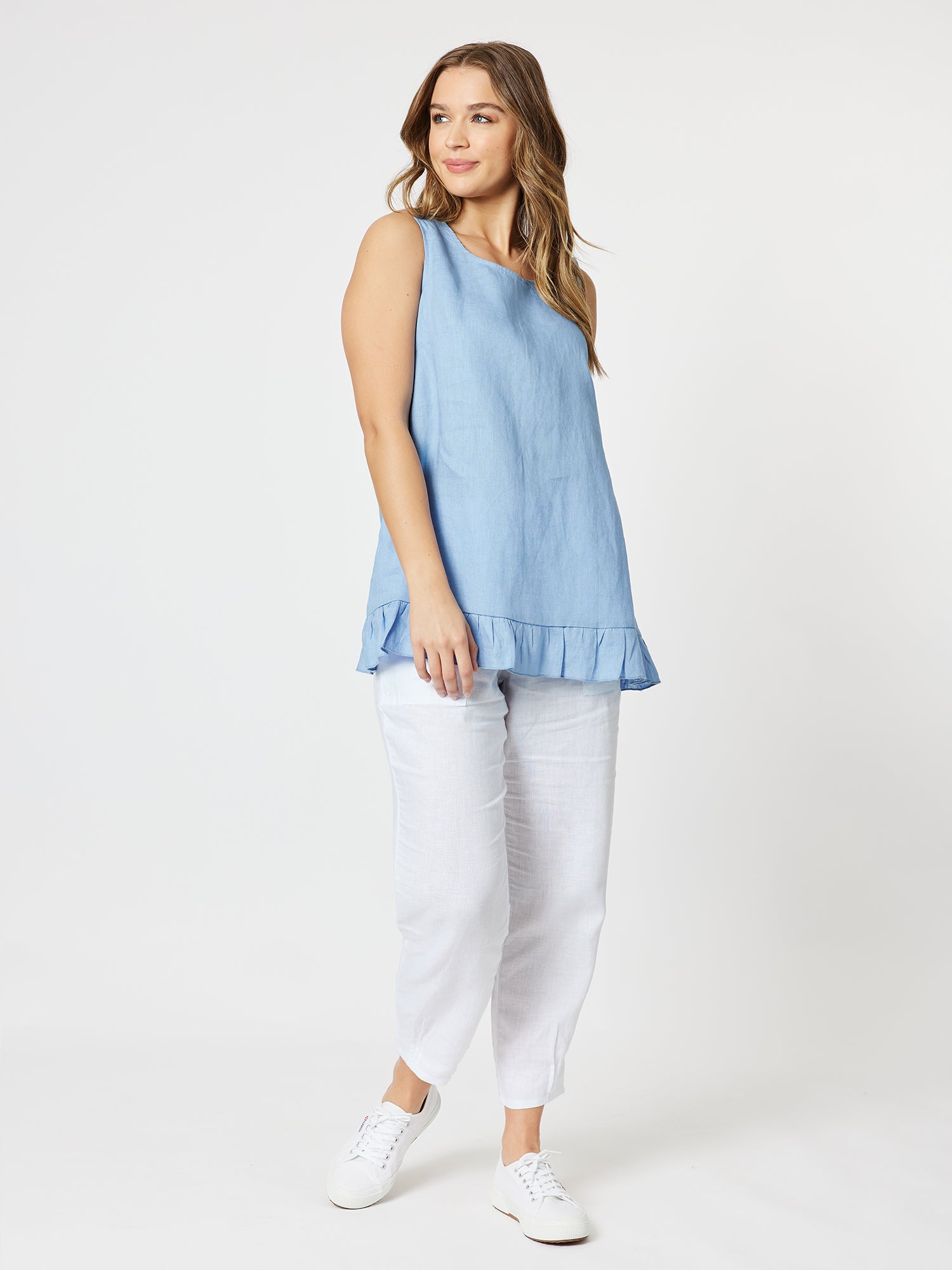 Ruffle Hem Linen Tank Top - Denim