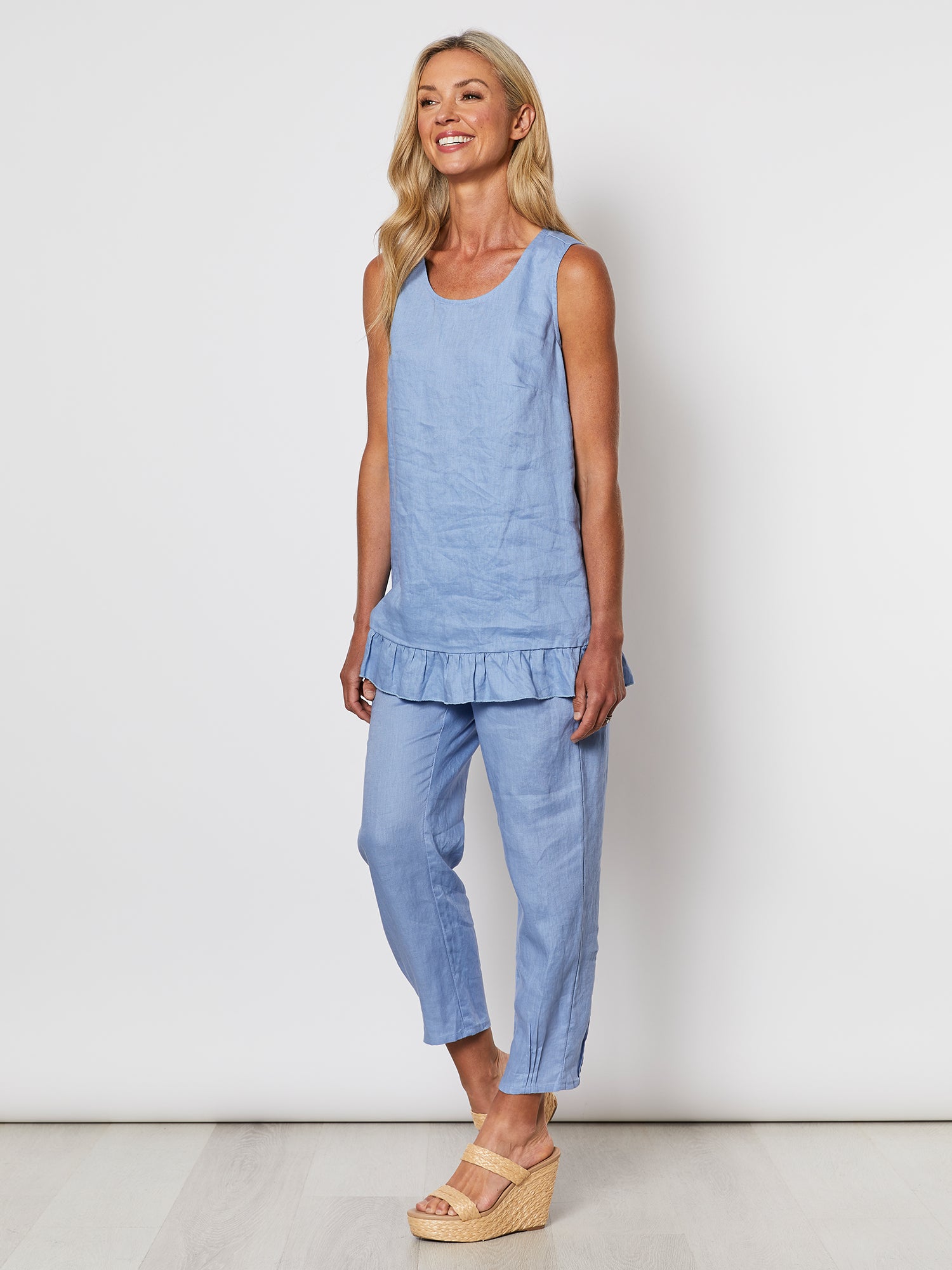 Ruffle Hem Linen Tank Top - Denim