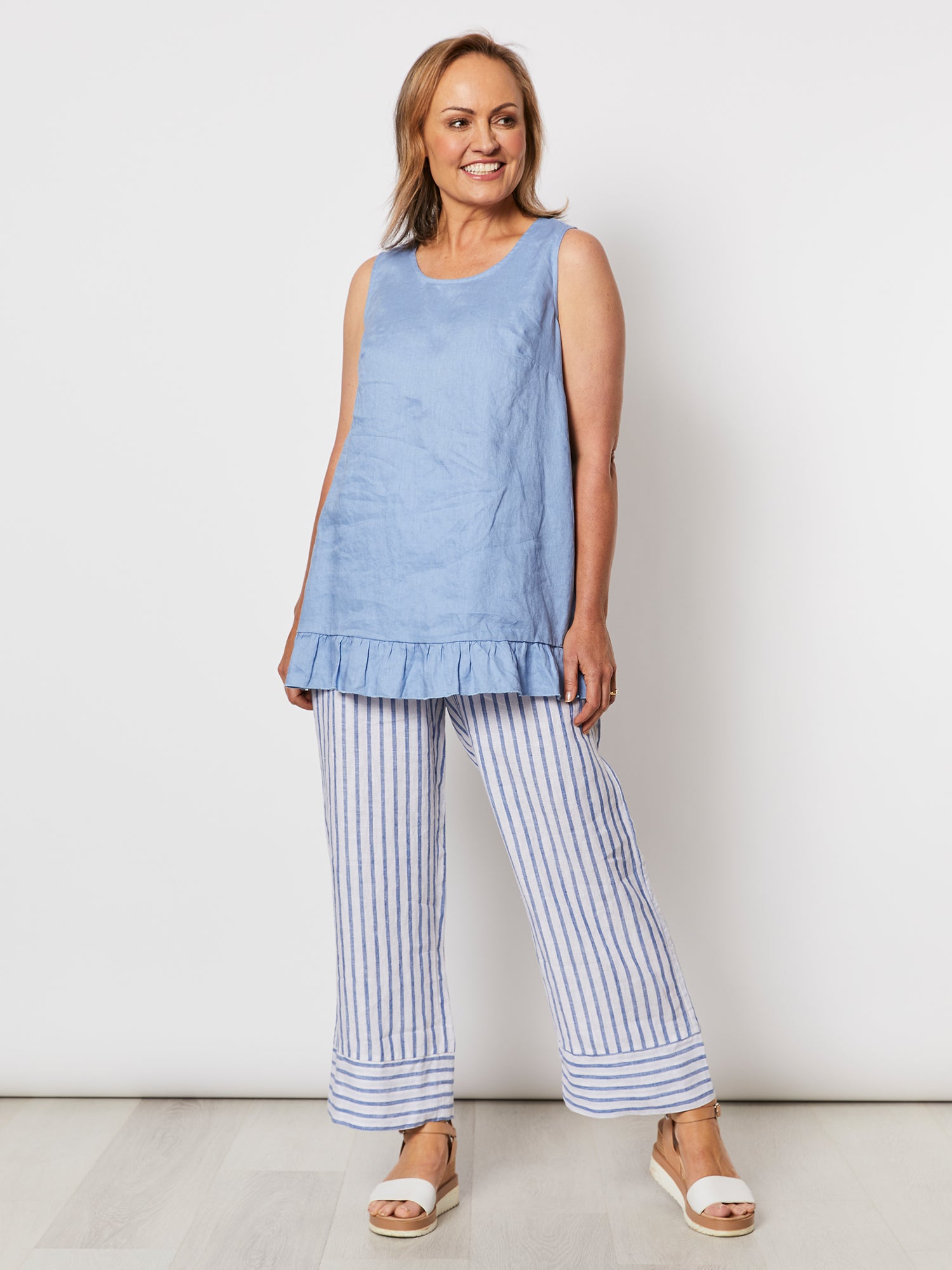 Ruffle Hem Linen Tank Top - Denim