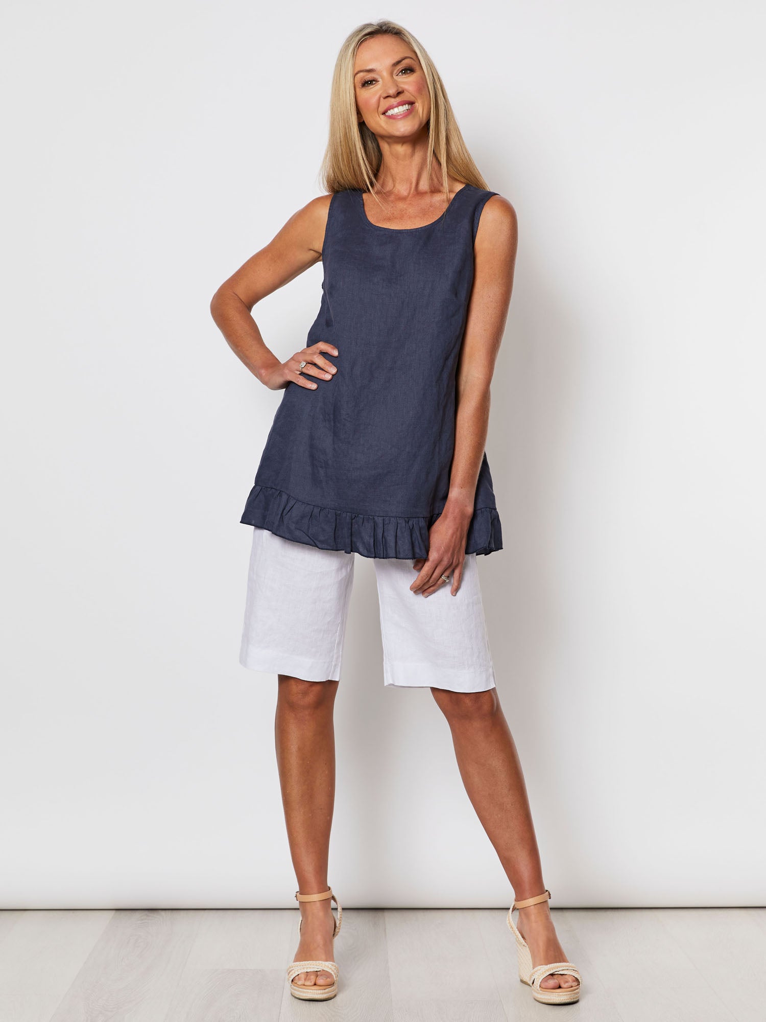 Ruffle Hem Linen Tank Top - Marine