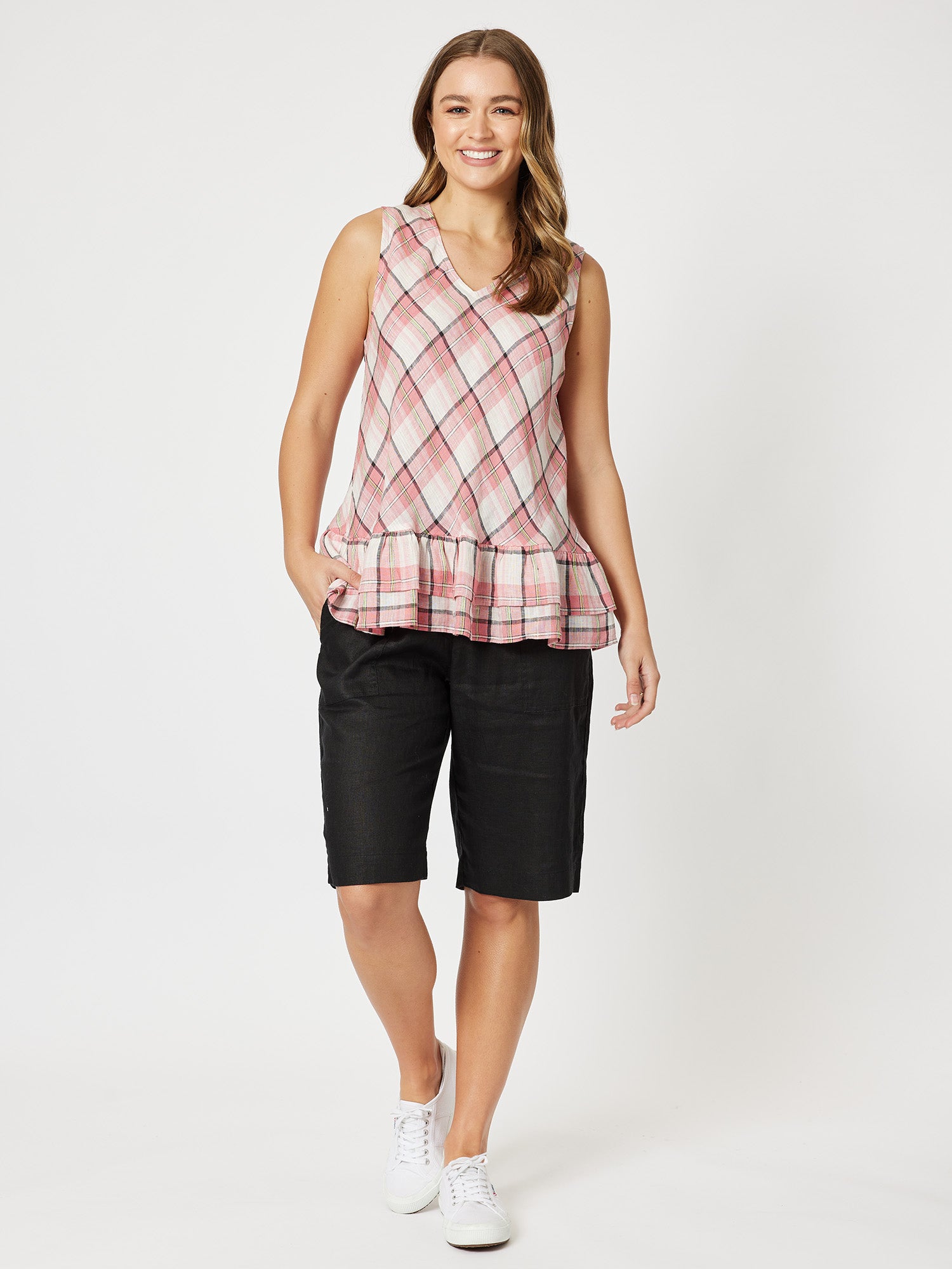 Frilled Hem Check Linen Top - Melon