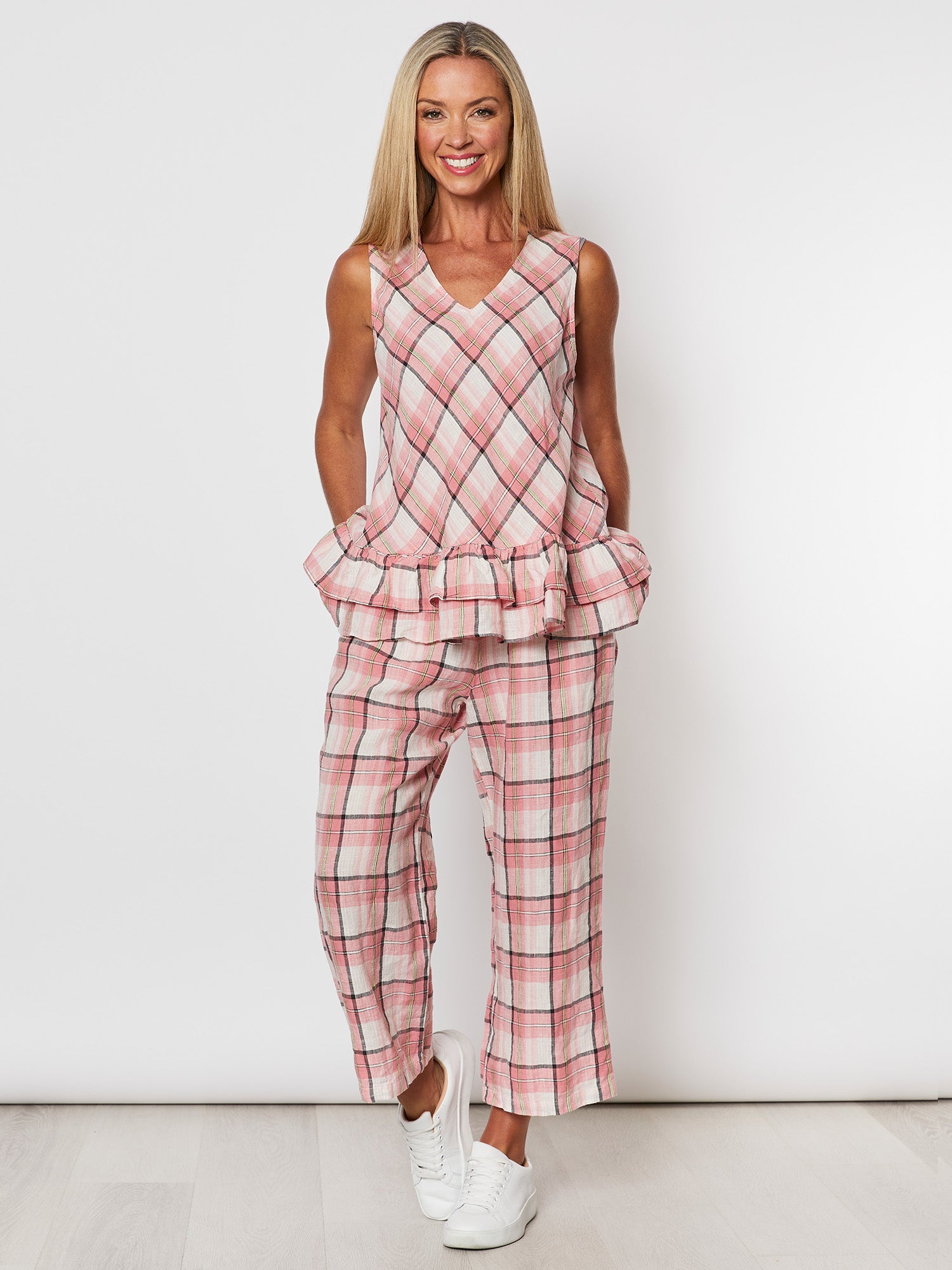 Frilled Hem Check Linen Top - Melon