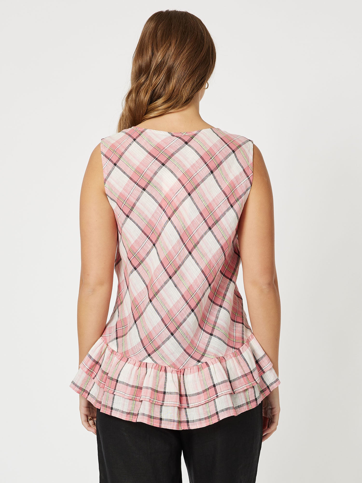 Frilled Hem Check Linen Top - Melon