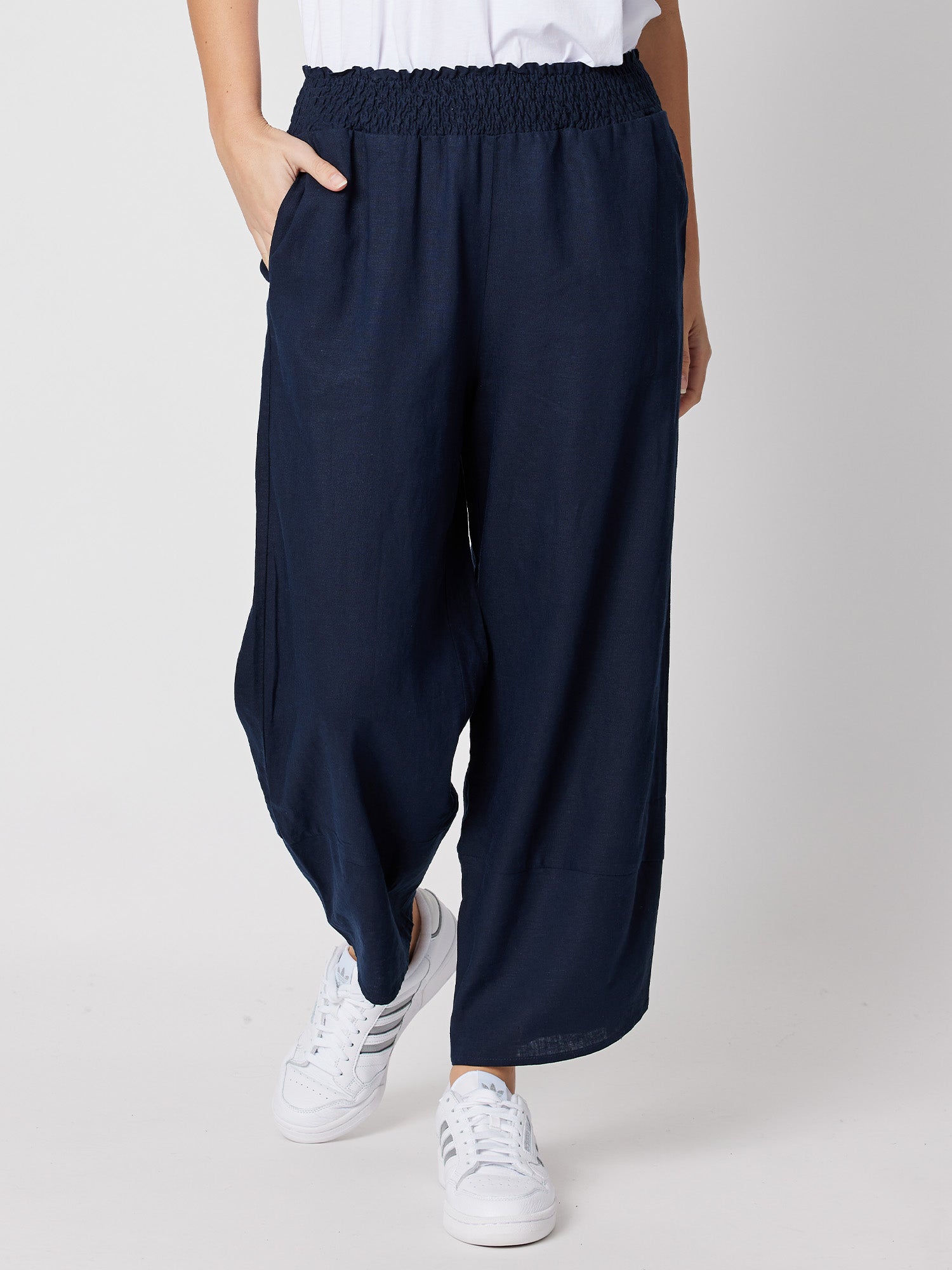 Shirred Waist Linen Blend Pant - Navy