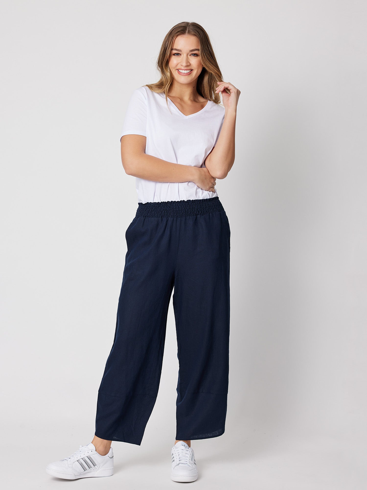 Shirred Waist Linen Blend Pant - Navy