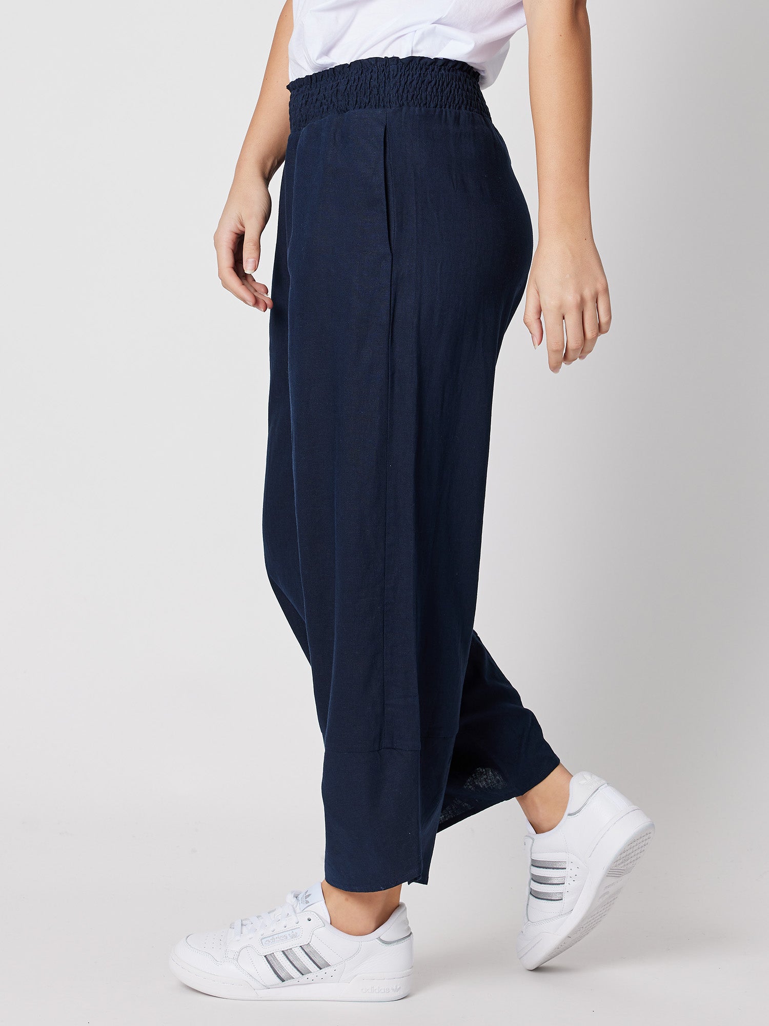 Shirred Waist Linen Blend Pant - Navy
