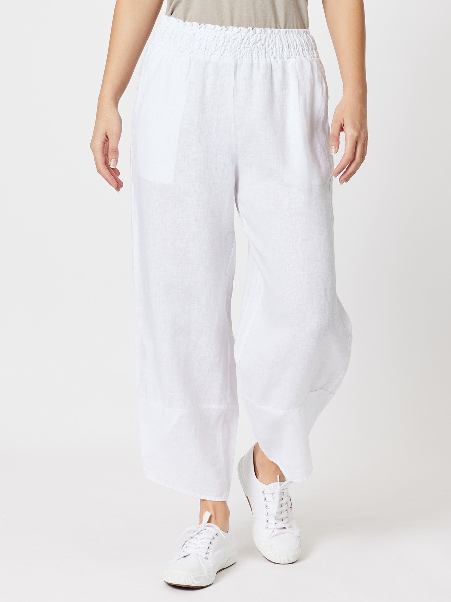Shirred Waist Linen Blend Pant - White