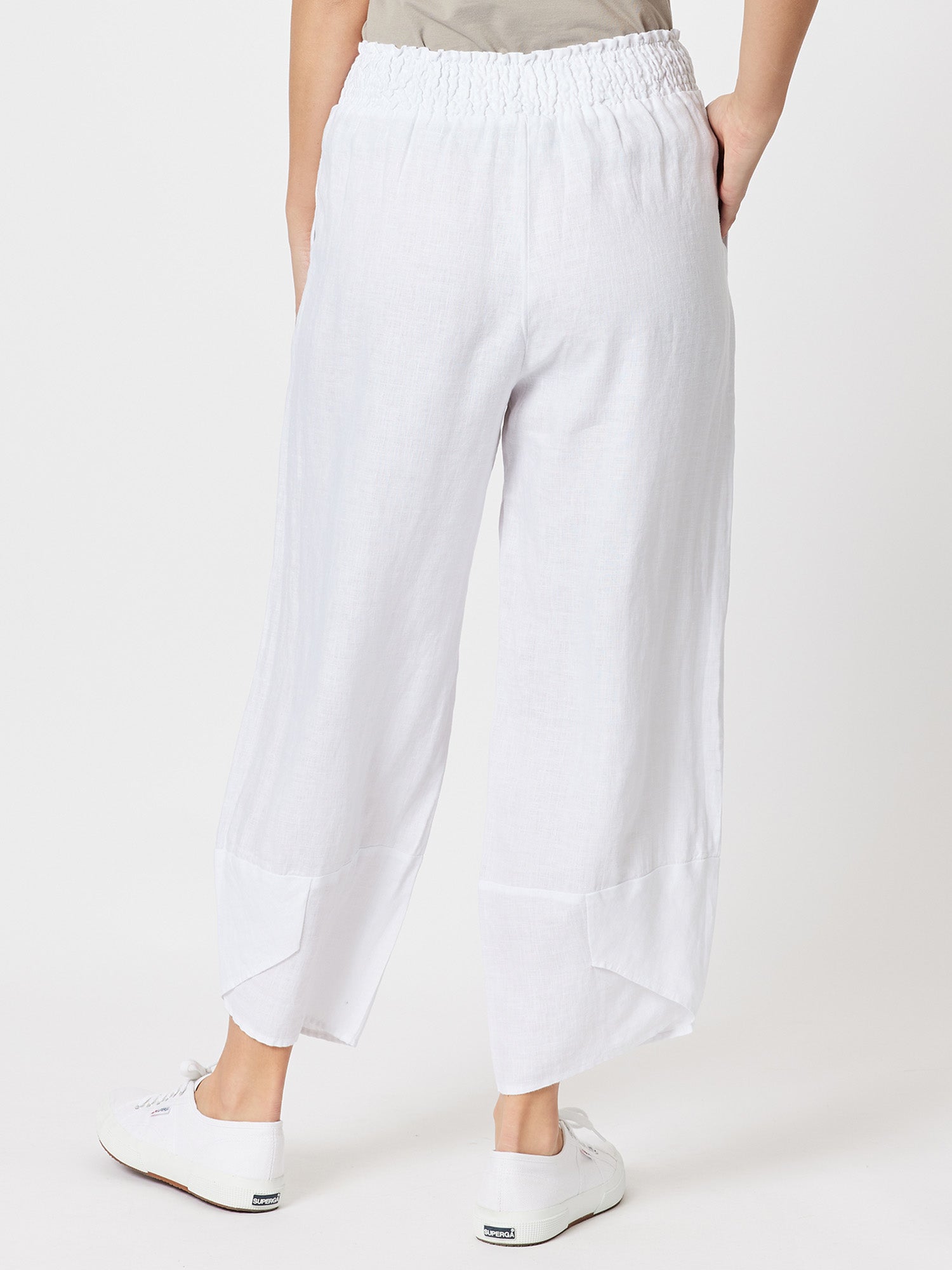 Shirred Waist Linen Blend Pant - White