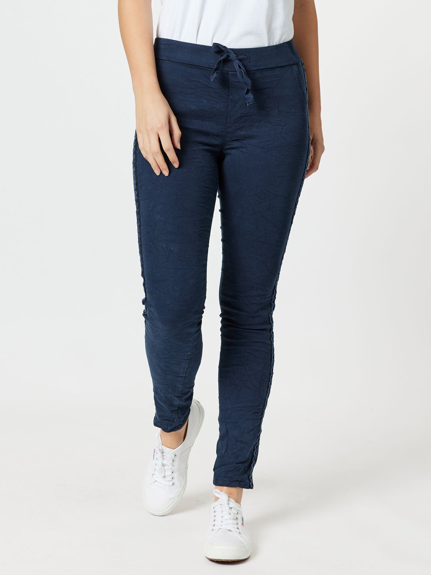 Crushed Embellished Pull-On Jeans - Navy