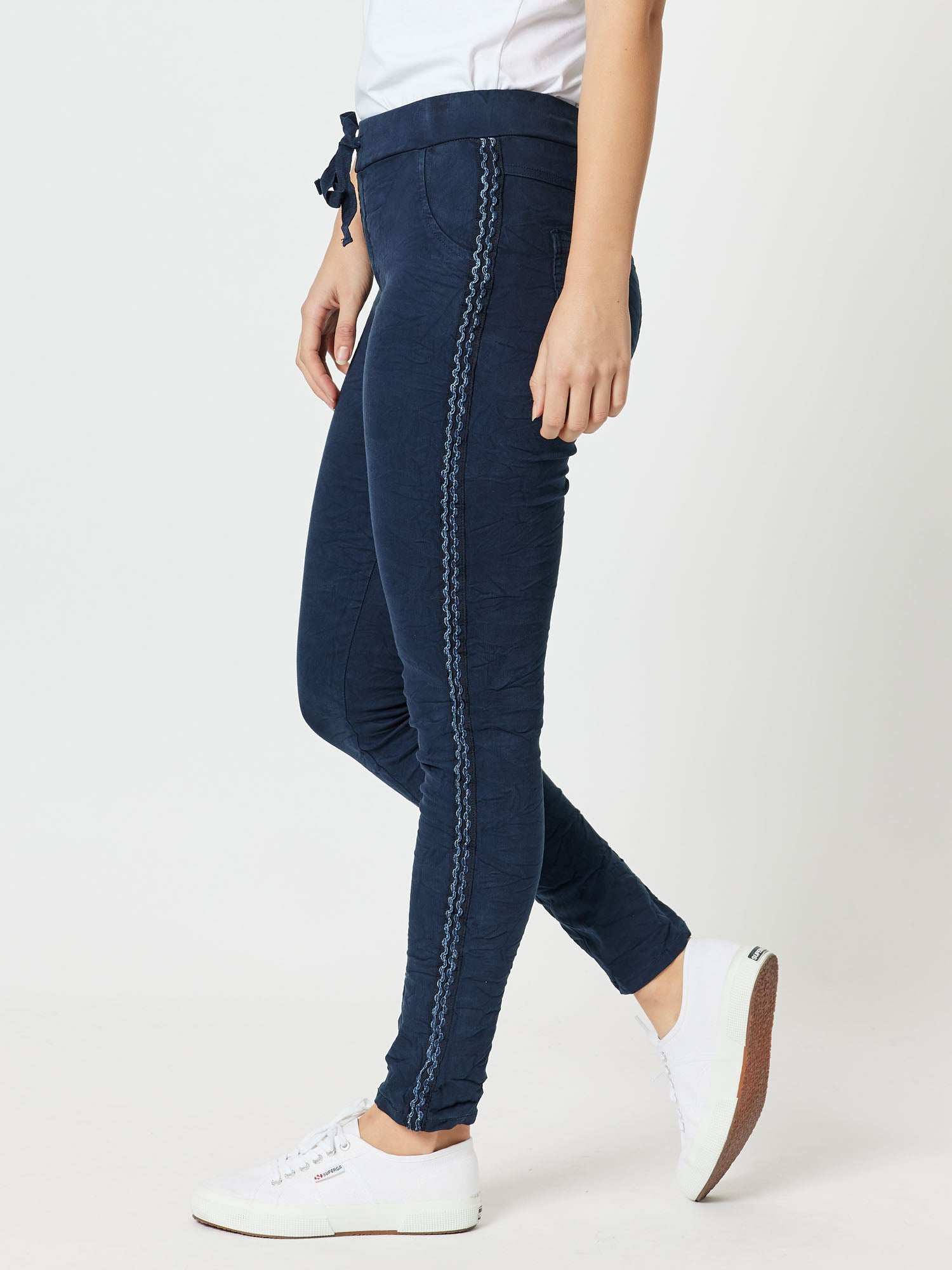 Crushed Embellished Pull-On Jeans - Navy