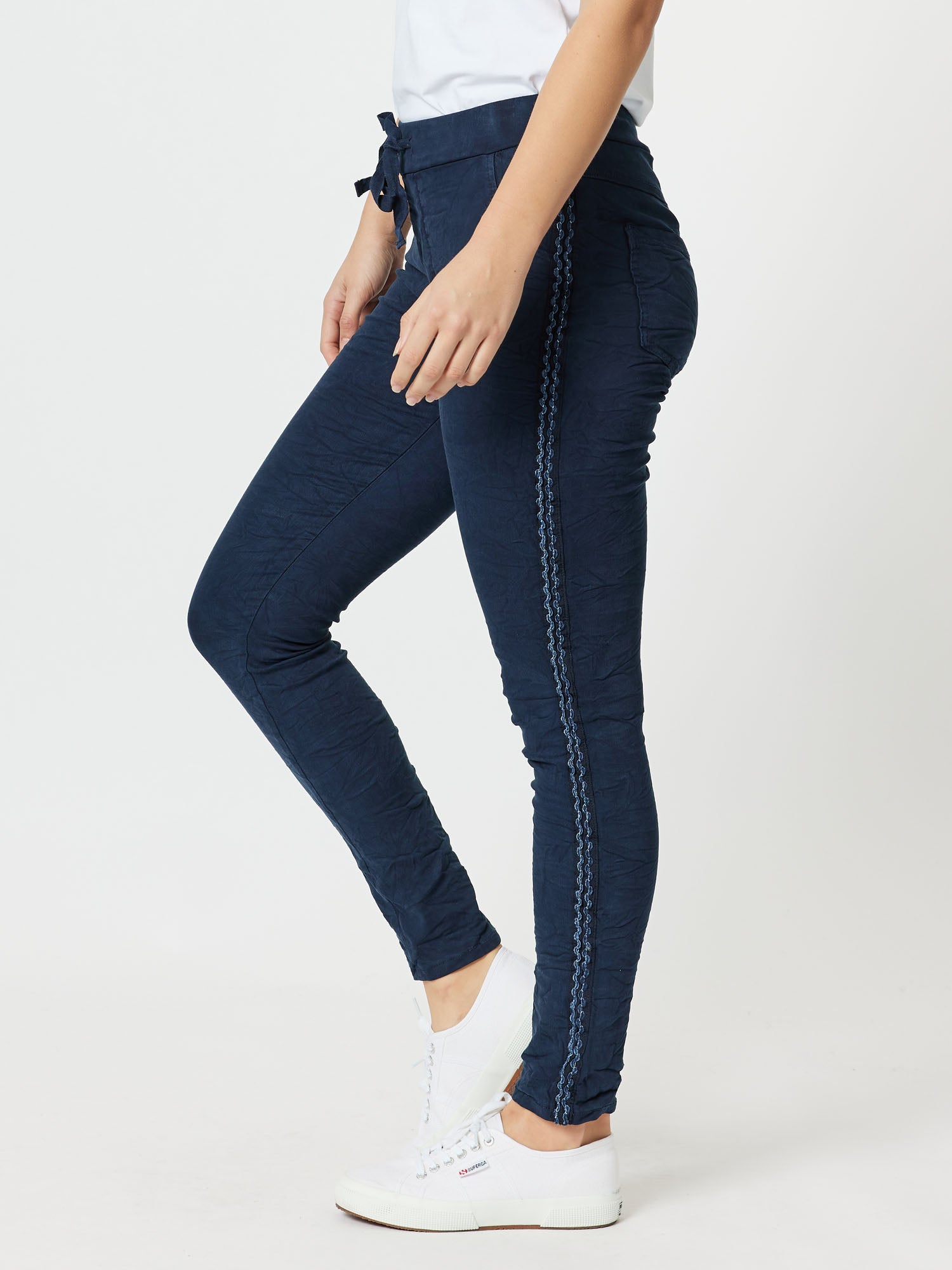 Crushed Embellished Pull-On Jeans - Navy