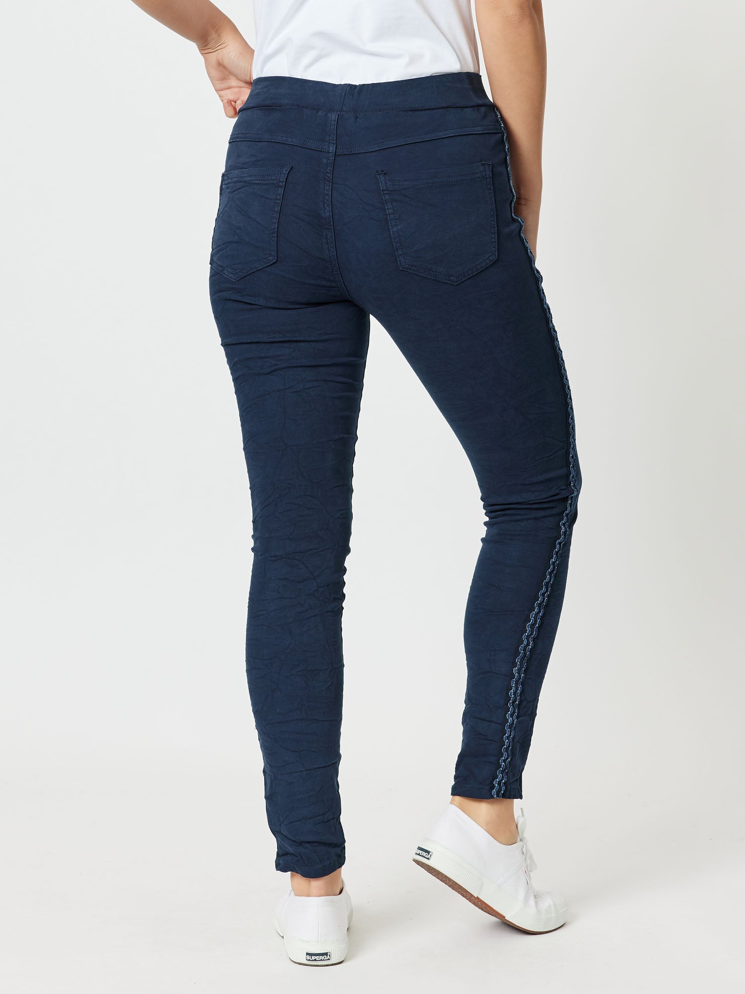 Crushed Embellished Pull-On Jeans - Navy