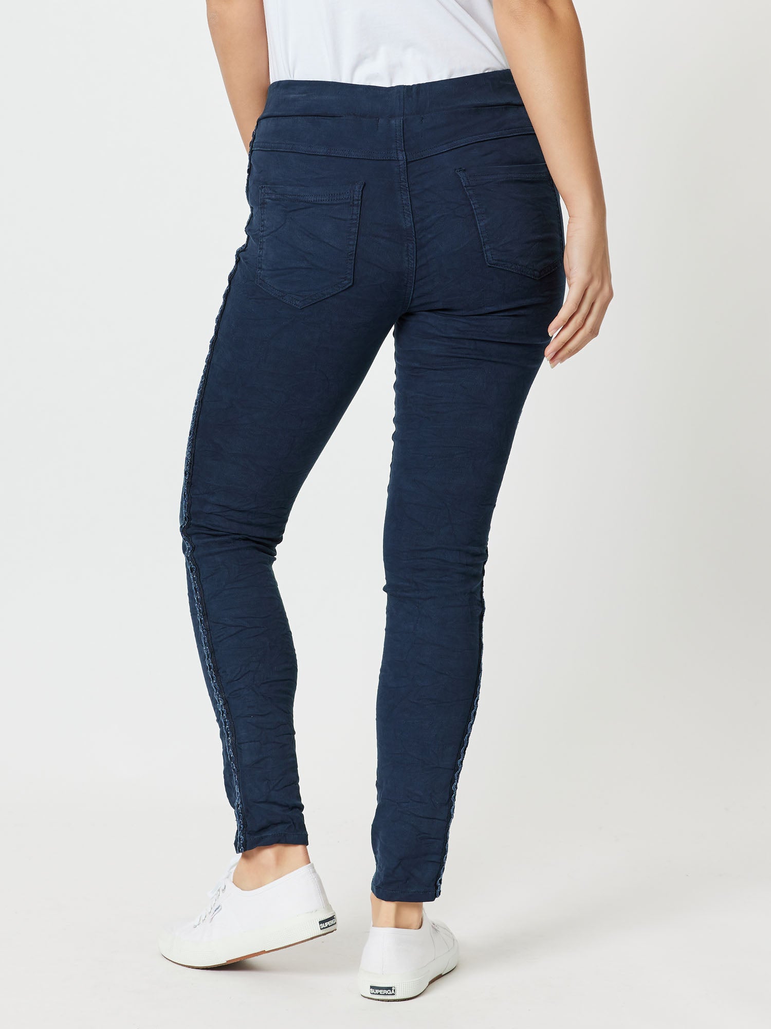 Crushed Embellished Pull-On Jeans - Navy