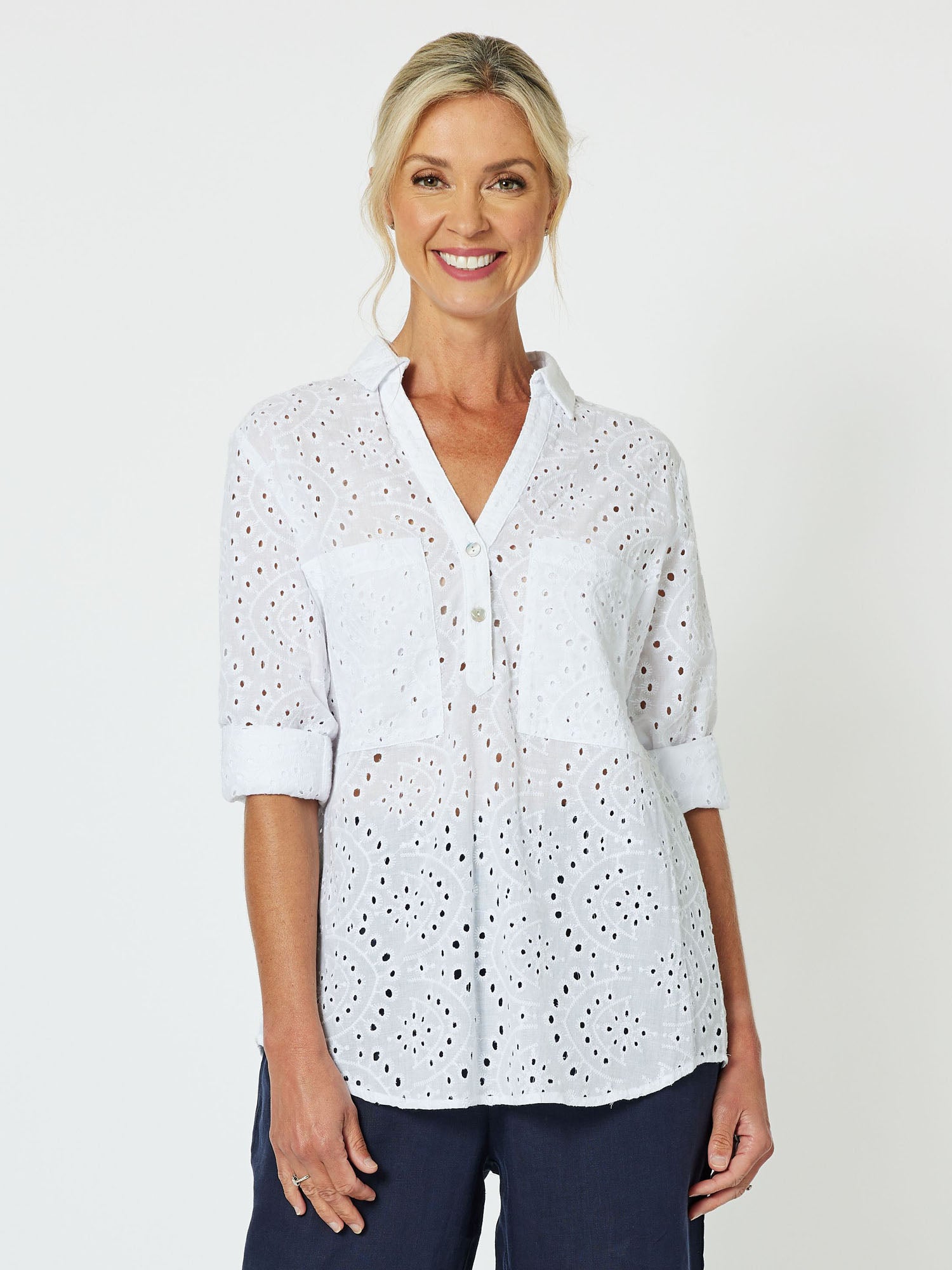 Broderie Lace Cotton Shirt - White
