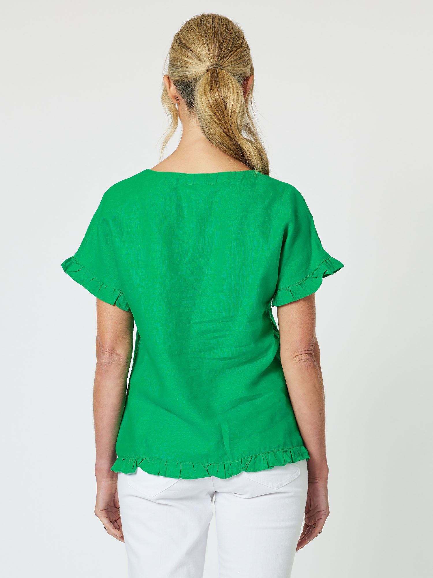 Ruffle Hem Linen Top - Emerald