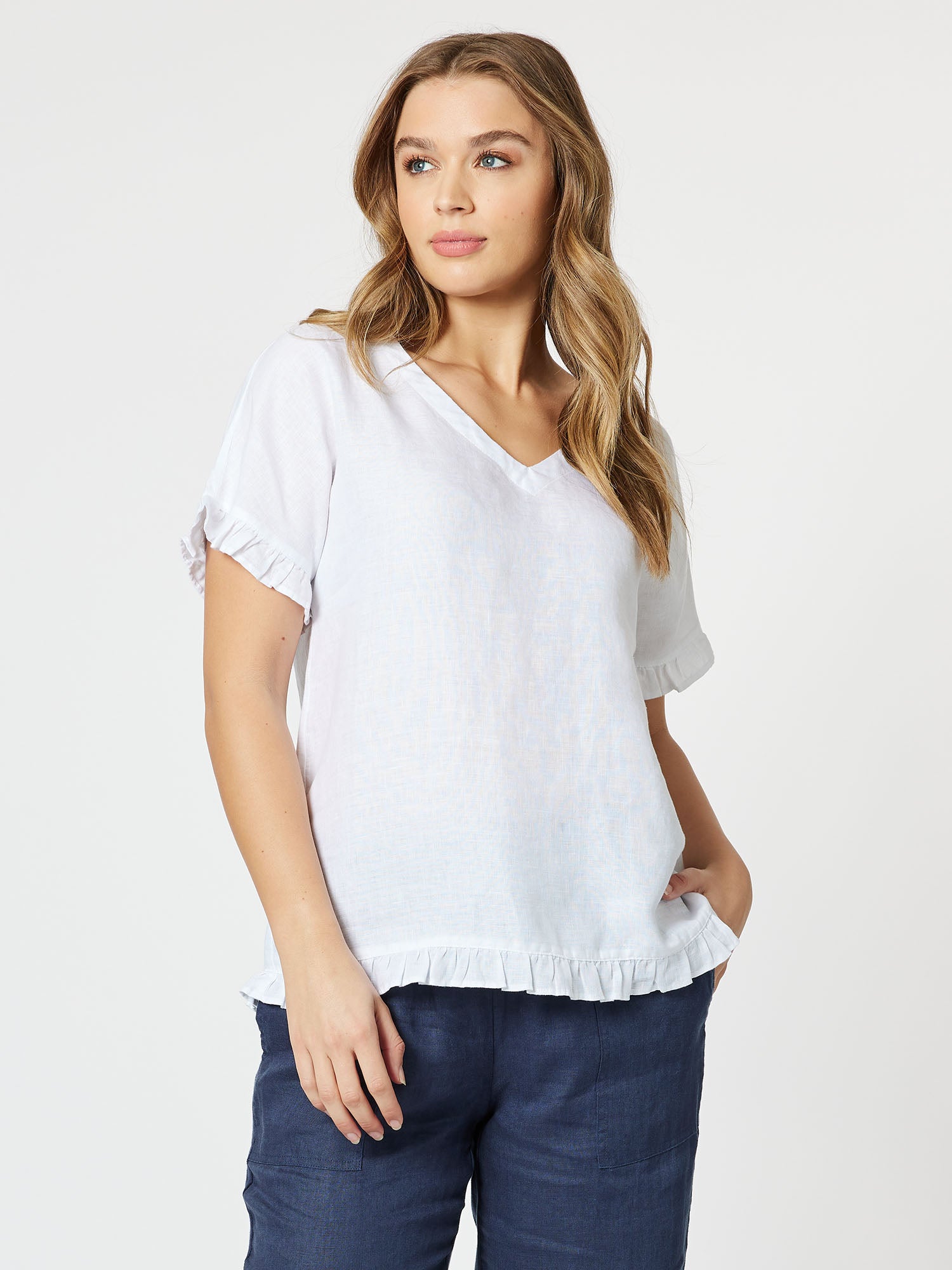 Ruffle Hem Linen Top - White