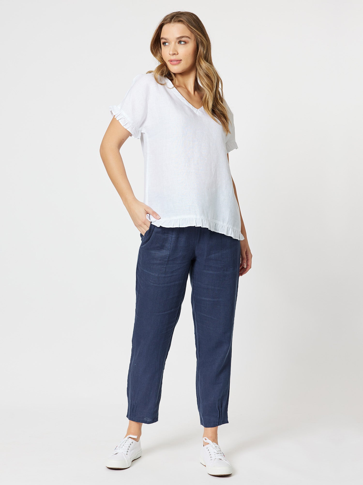 Ruffle Hem Linen Top - White