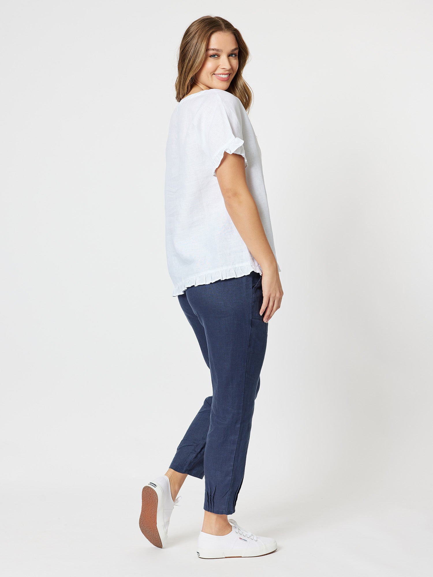 Ruffle Hem Linen Top - White