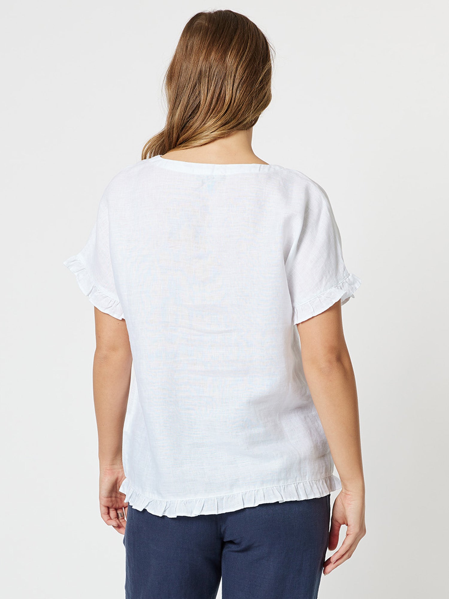 Ruffle Hem Linen Top - White