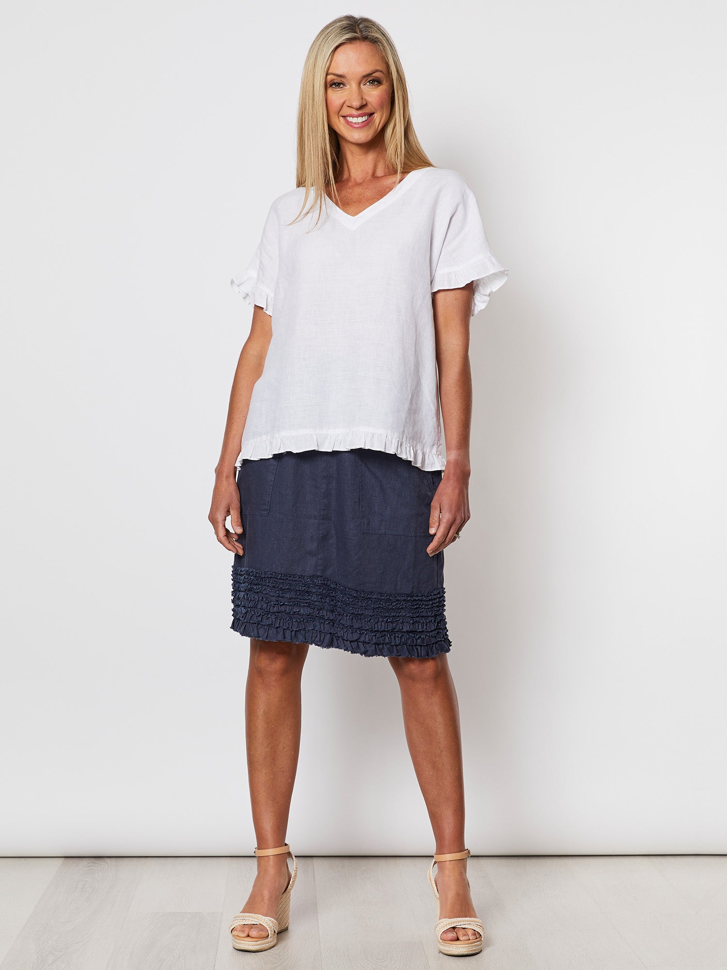 Ruffle Hem Linen Top - White