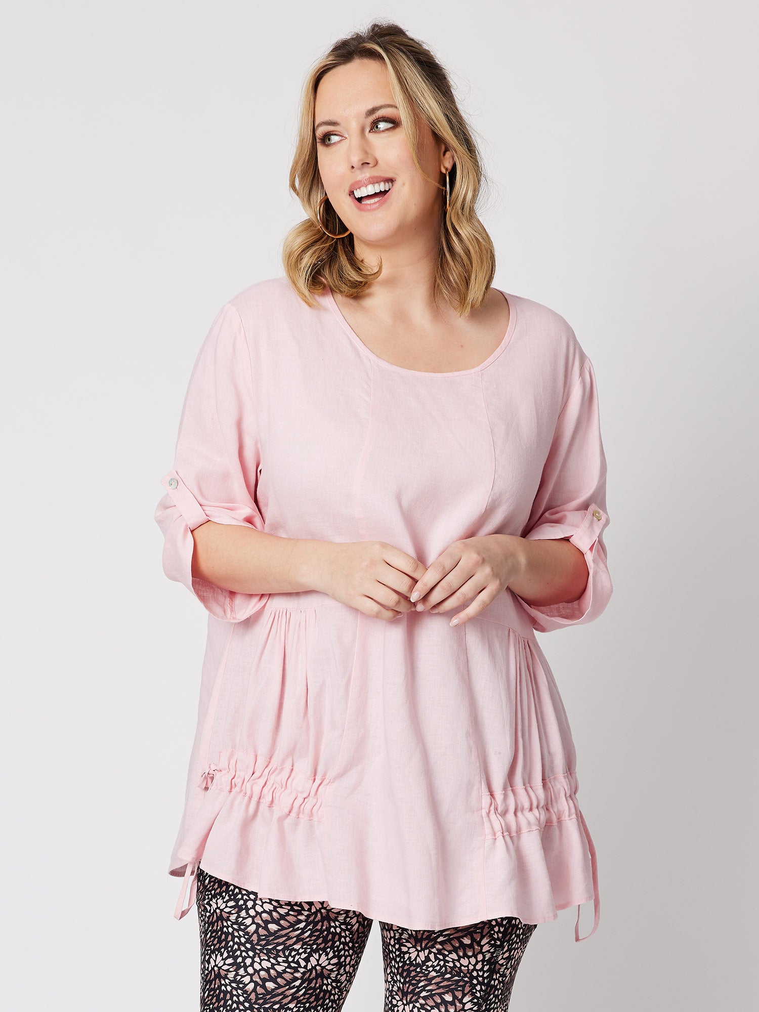 Drawstring Detail Linen Blend Tunic - Petal