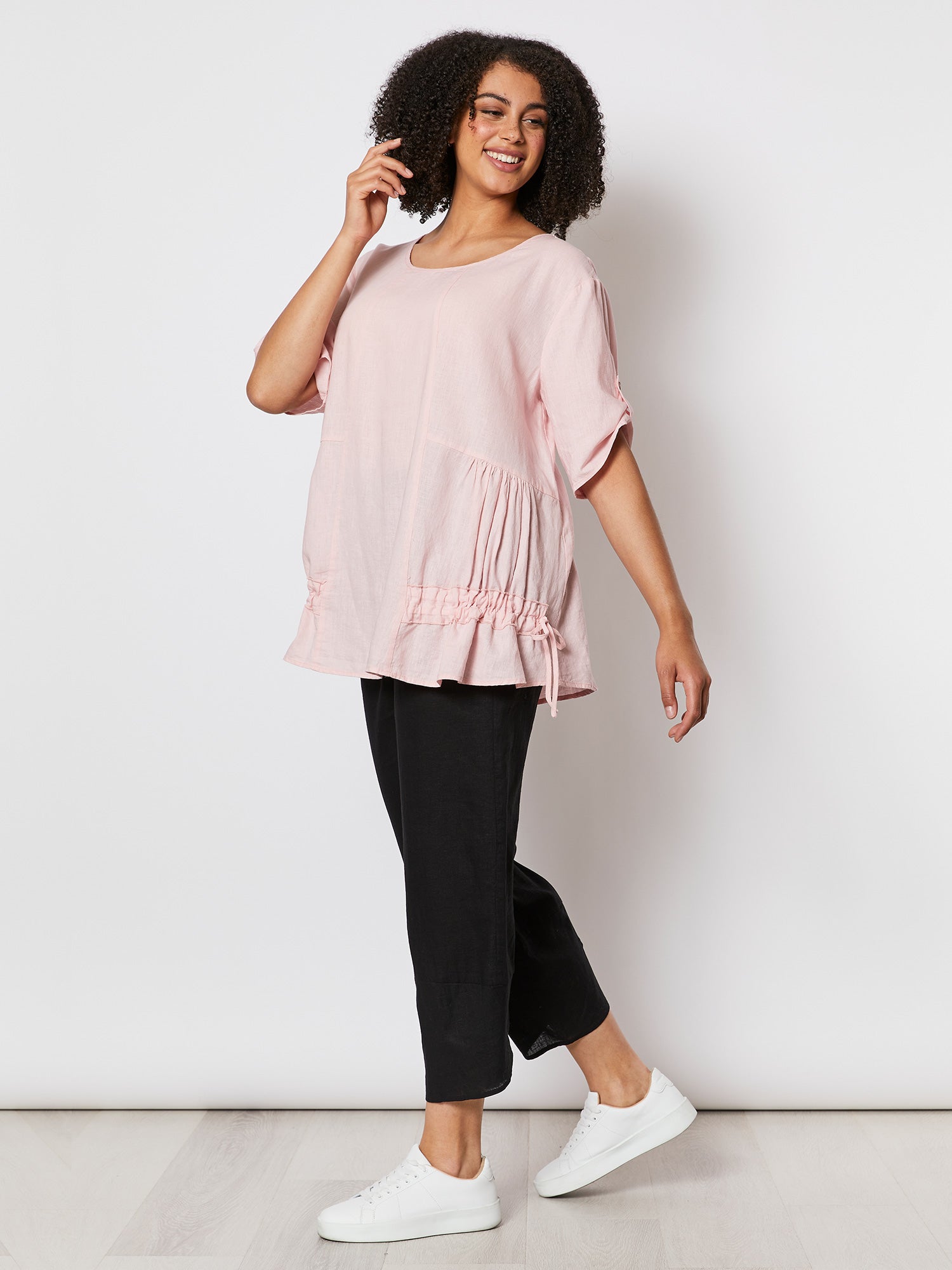 Drawstring Detail Linen Blend Tunic - Petal