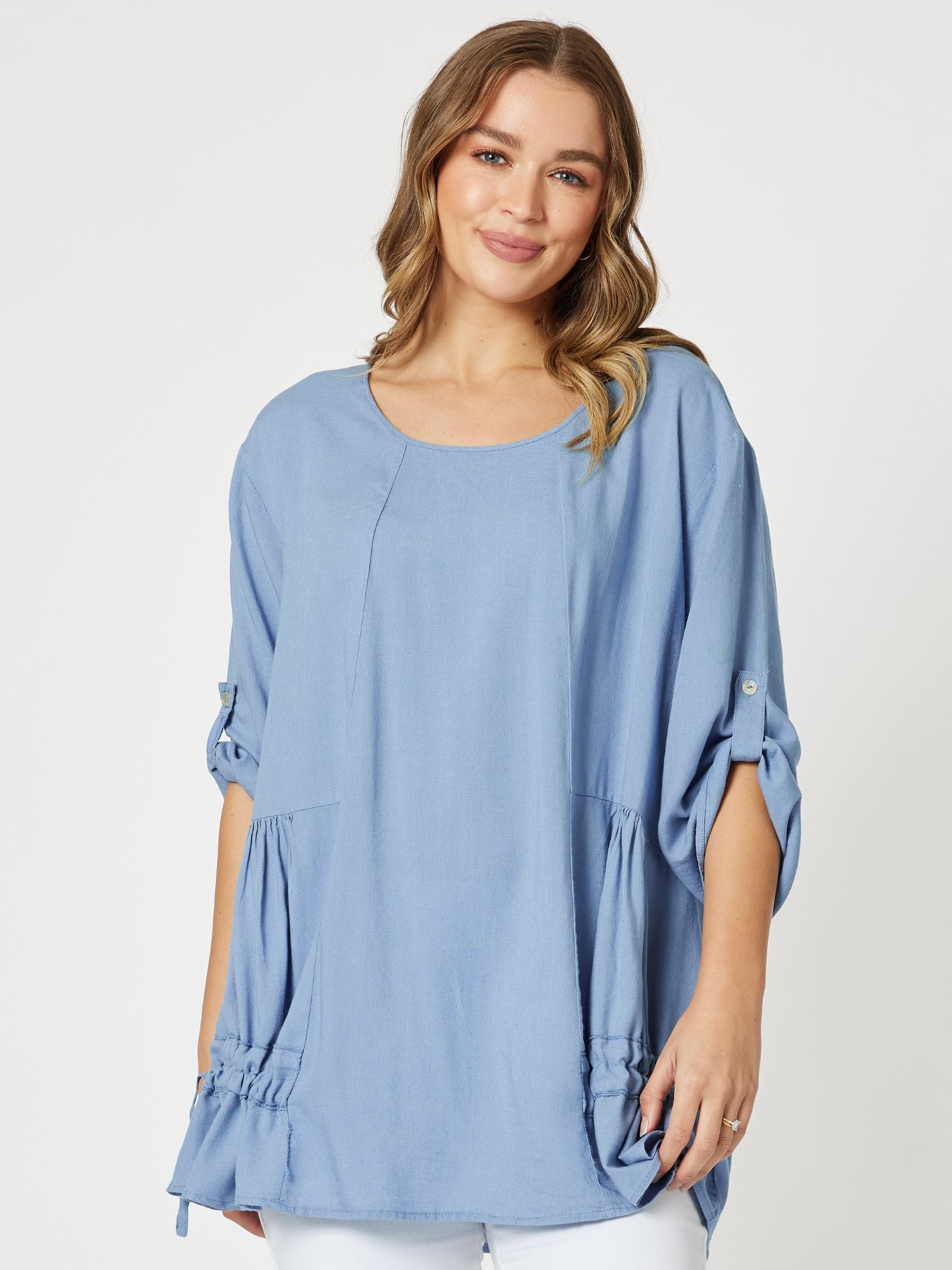 Drawstring Detail Linen Blend Tunic - Denim