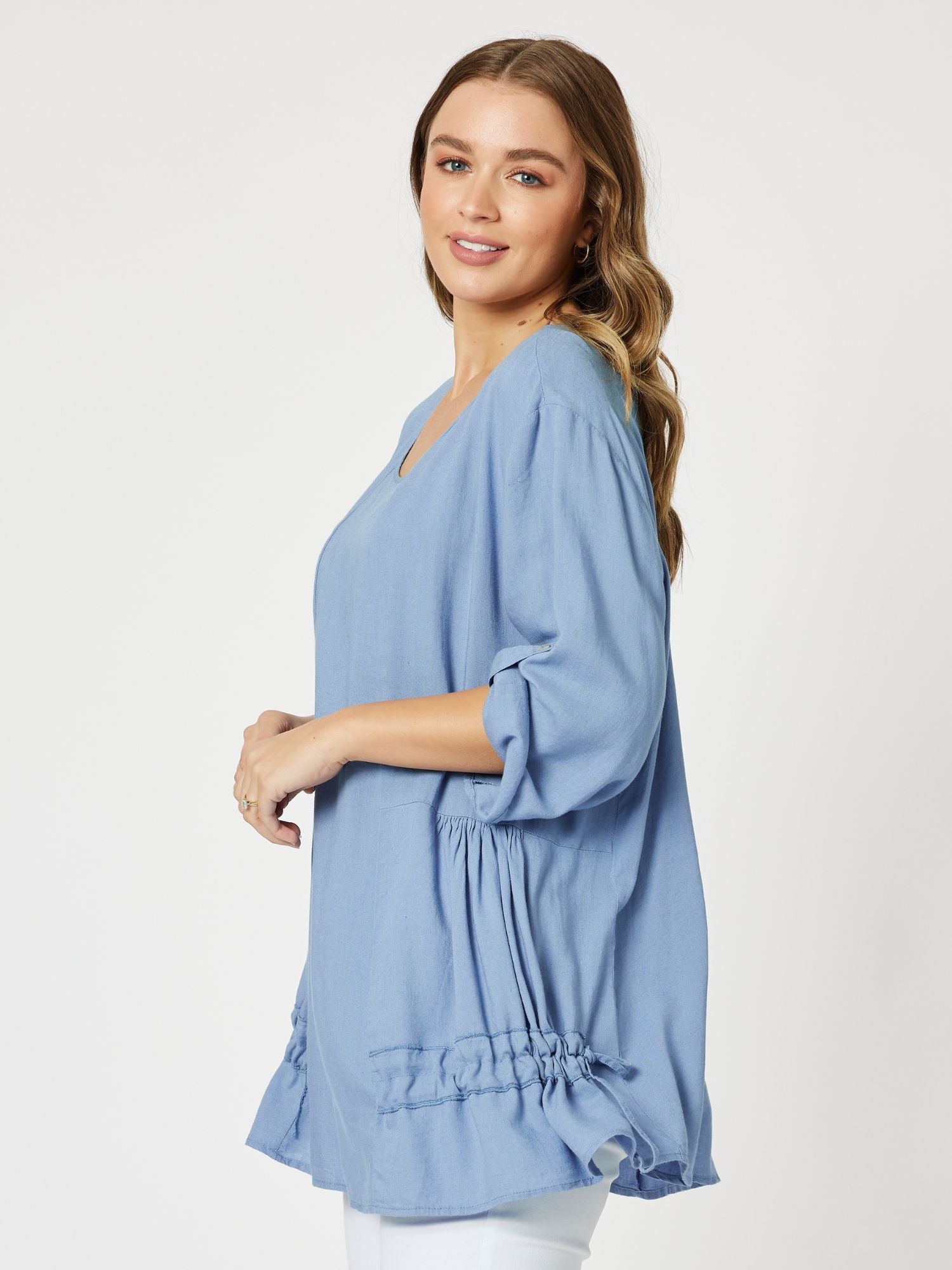Drawstring Detail Linen Blend Tunic - Denim
