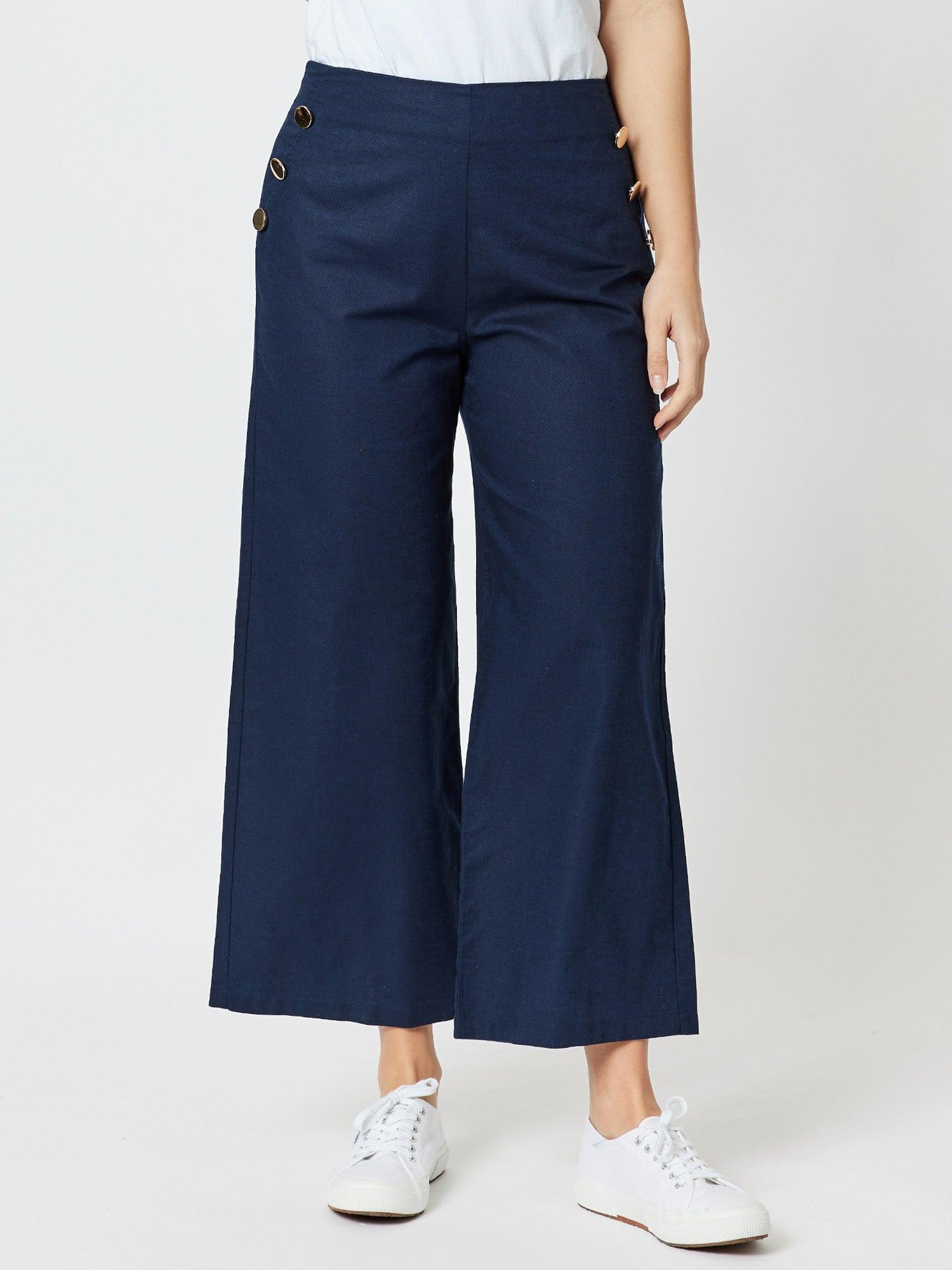 Wide Leg Linen Blend Pant - Navy