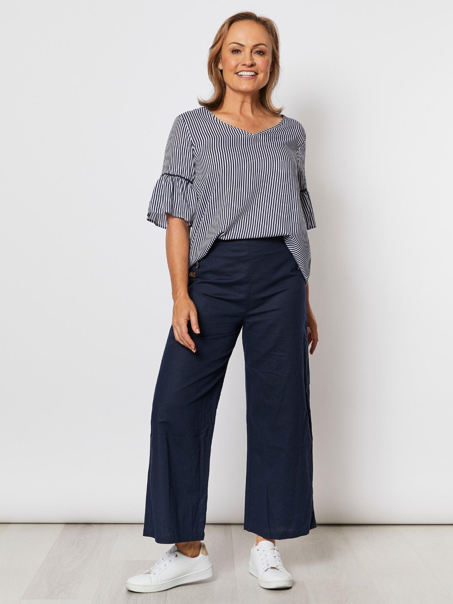 Wide Leg Linen Blend Pant - Navy