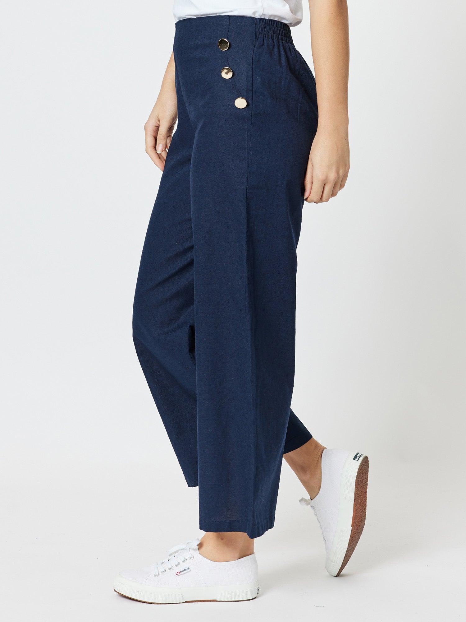 Wide Leg Linen Blend Pant - Navy