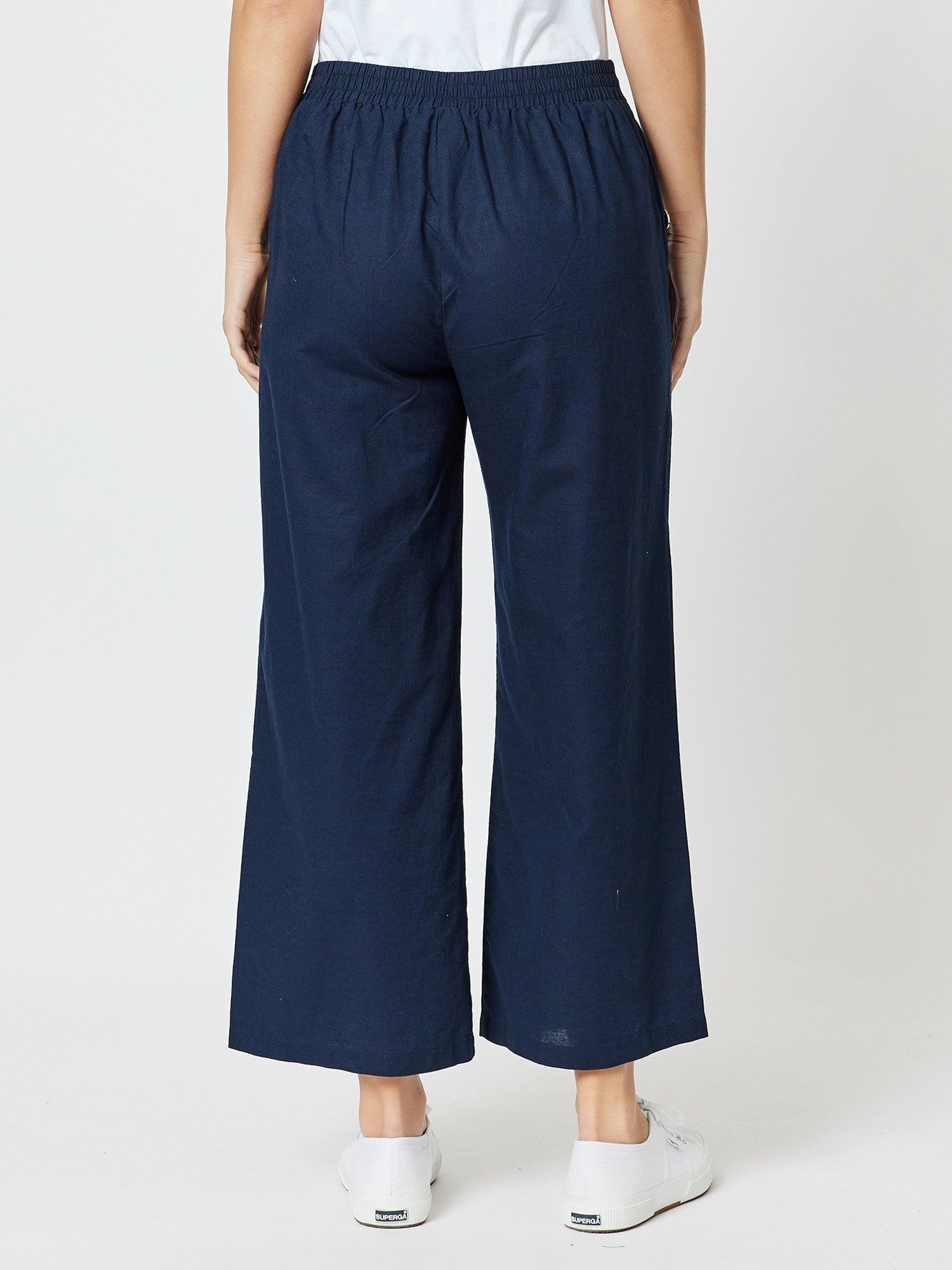 Wide Leg Linen Blend Pant - Navy