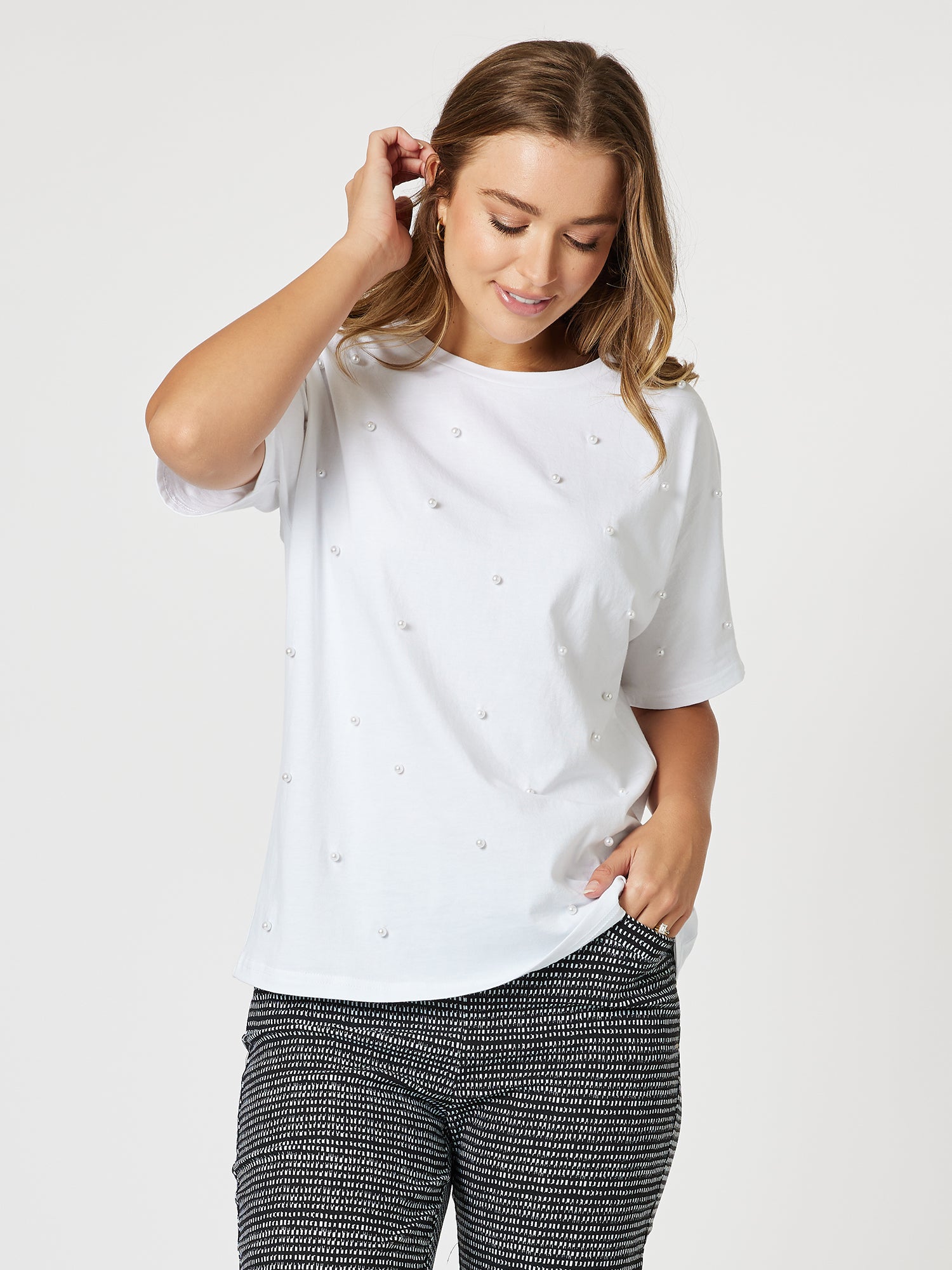 Pearl Embellished Cotton Tshirt - White