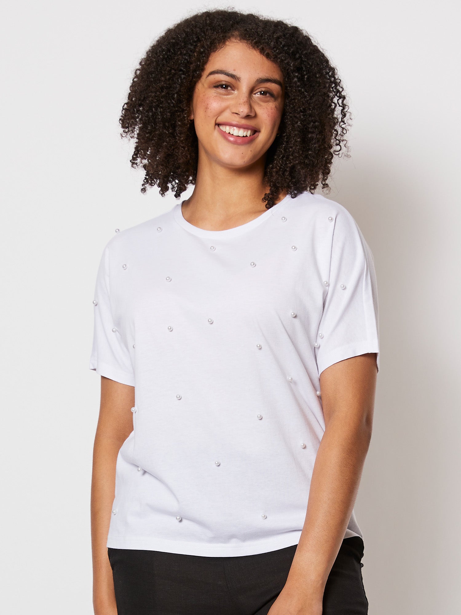 Pearl Embellished Cotton Tshirt - White
