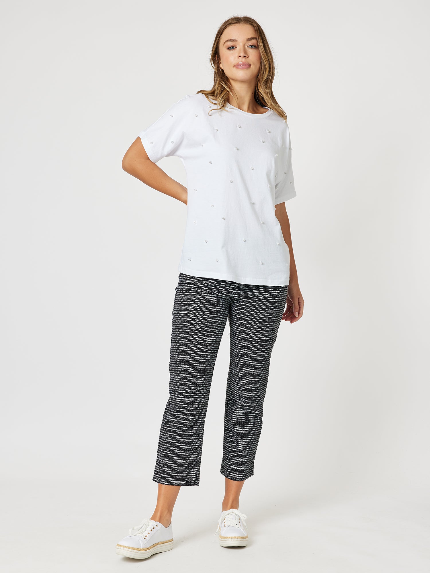 Pearl Embellished Cotton Tshirt - White