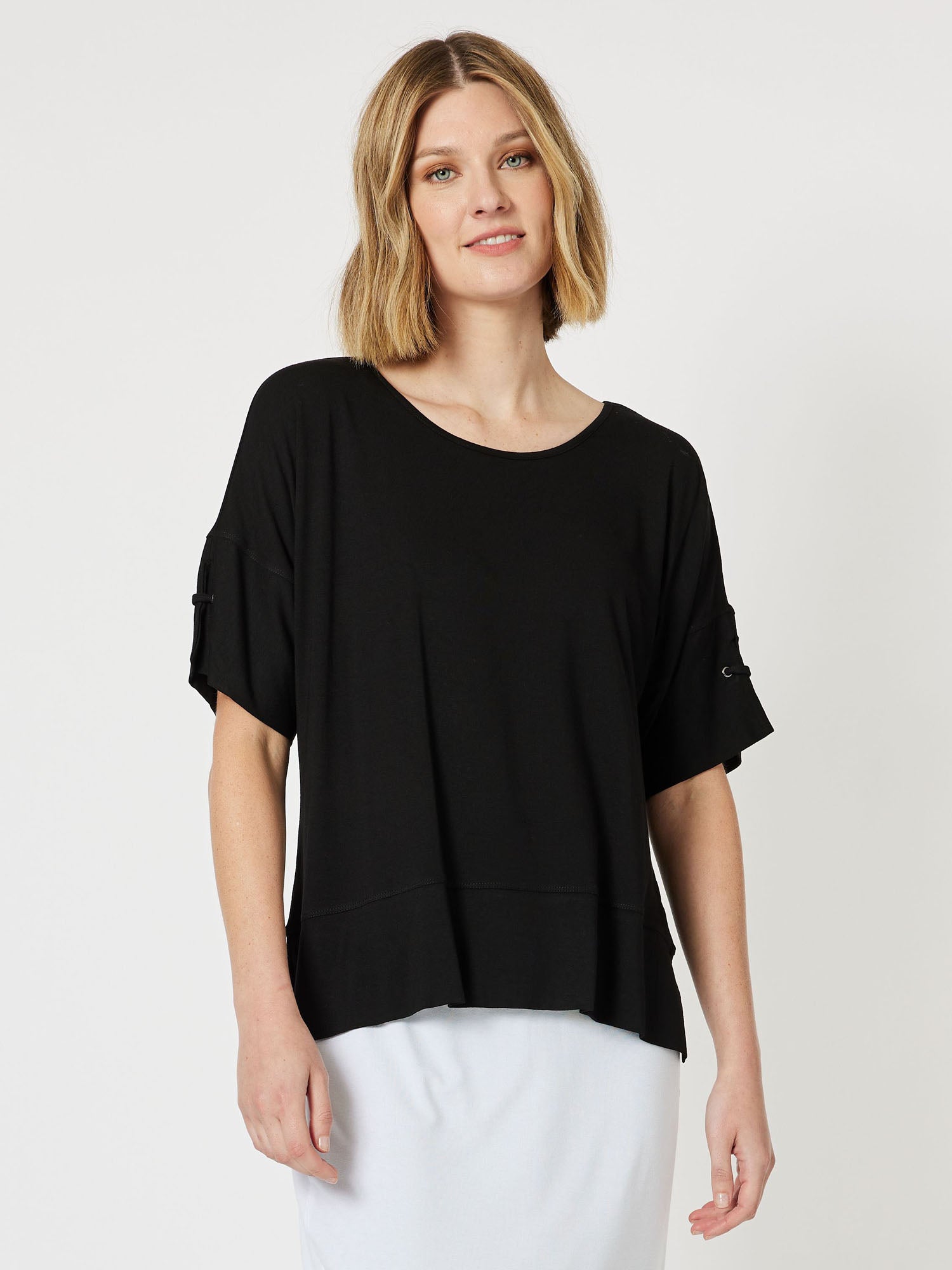 Eyelet Trim Jersey Top - Black