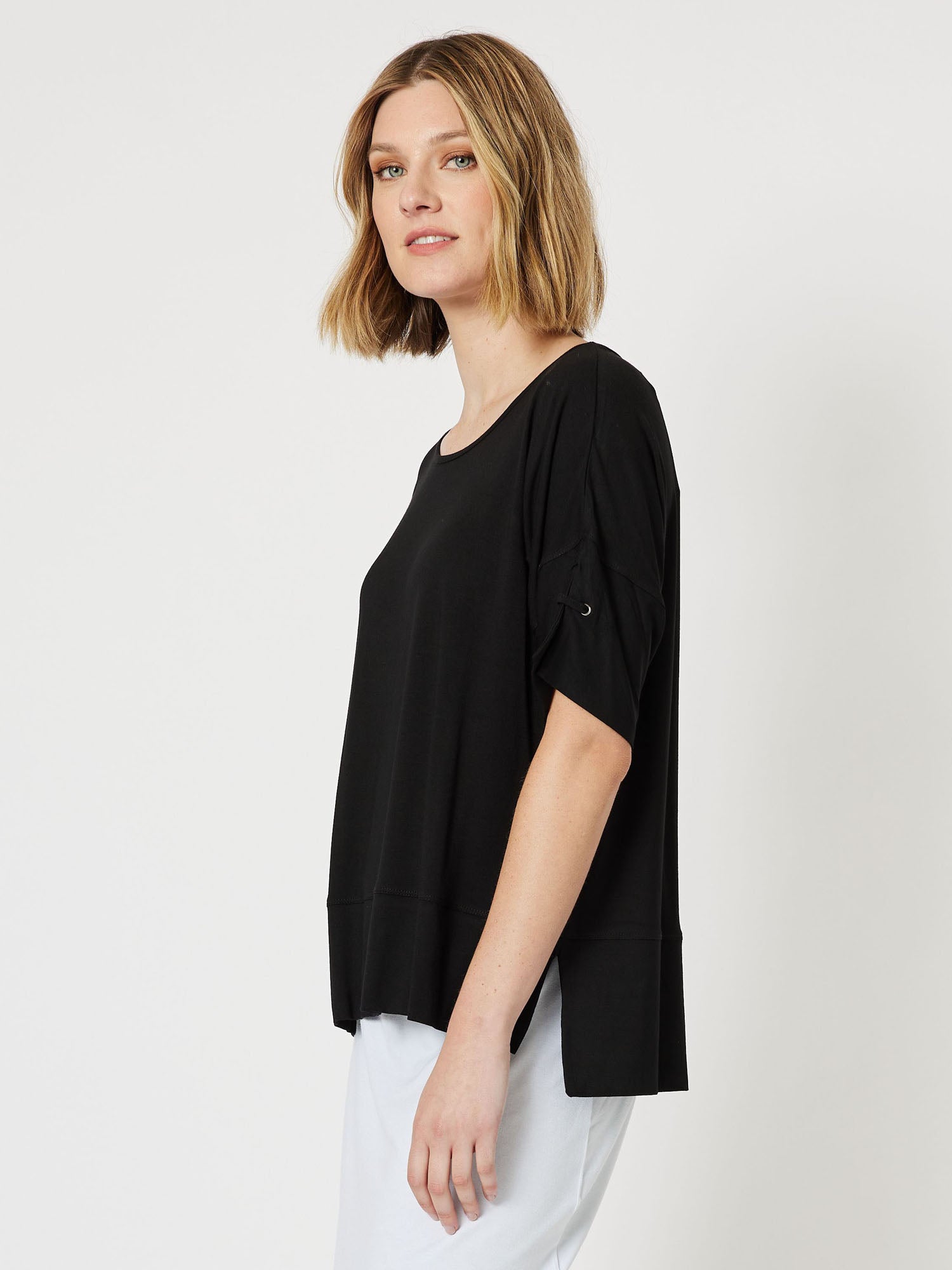 Eyelet Trim Jersey Top - Black