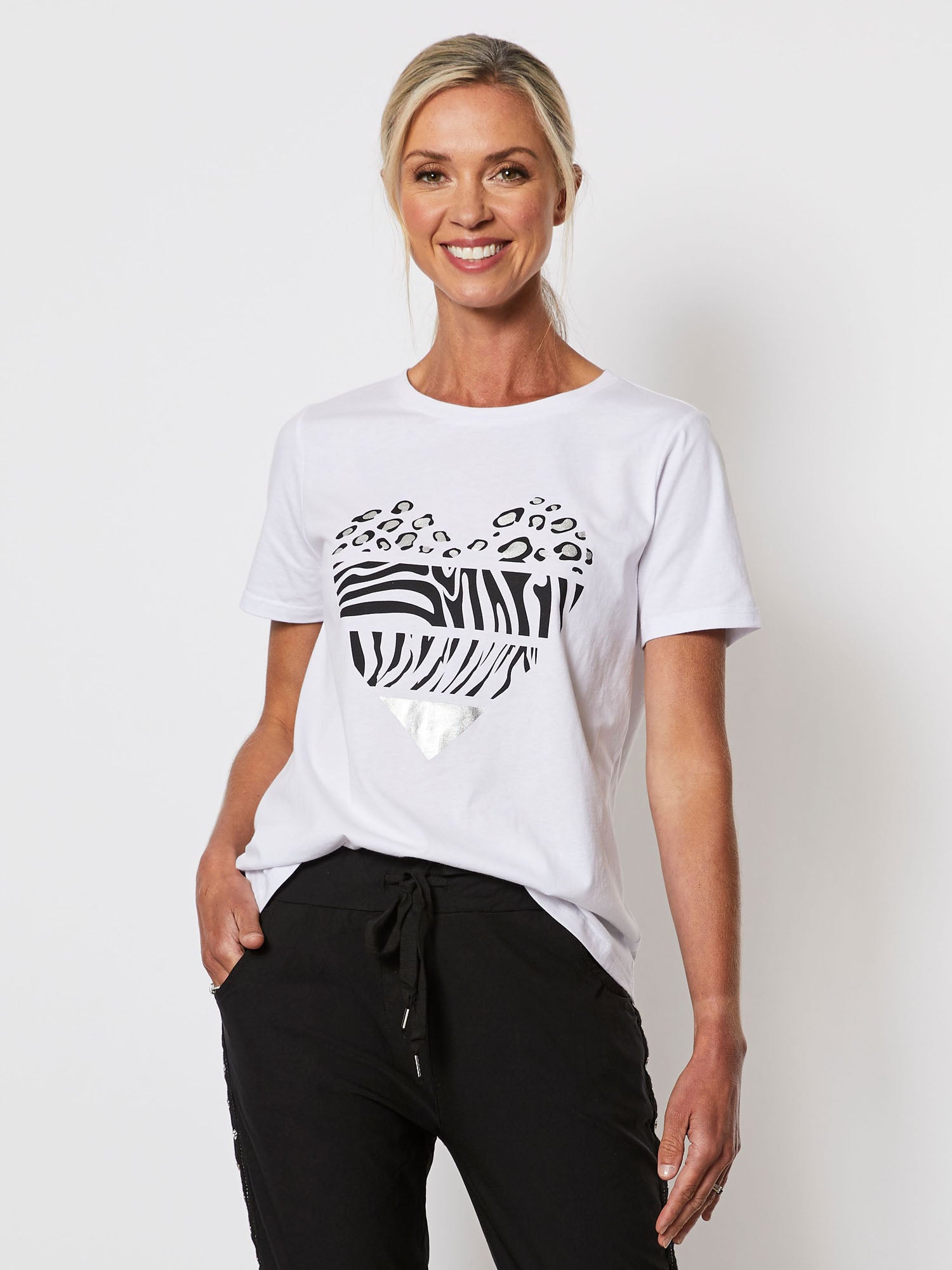 Zebra Print Heart Cotton Tshirt - White