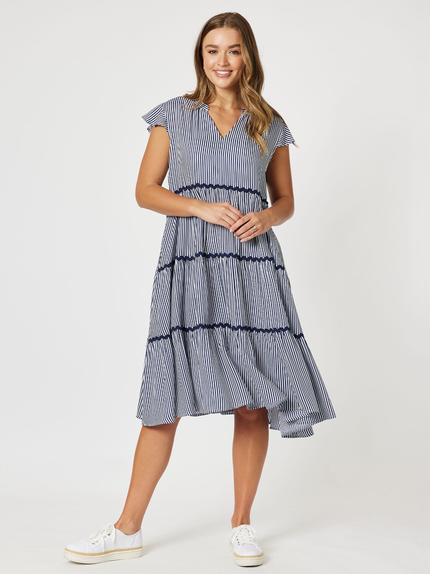 Stripe Tiered Dress - Navy