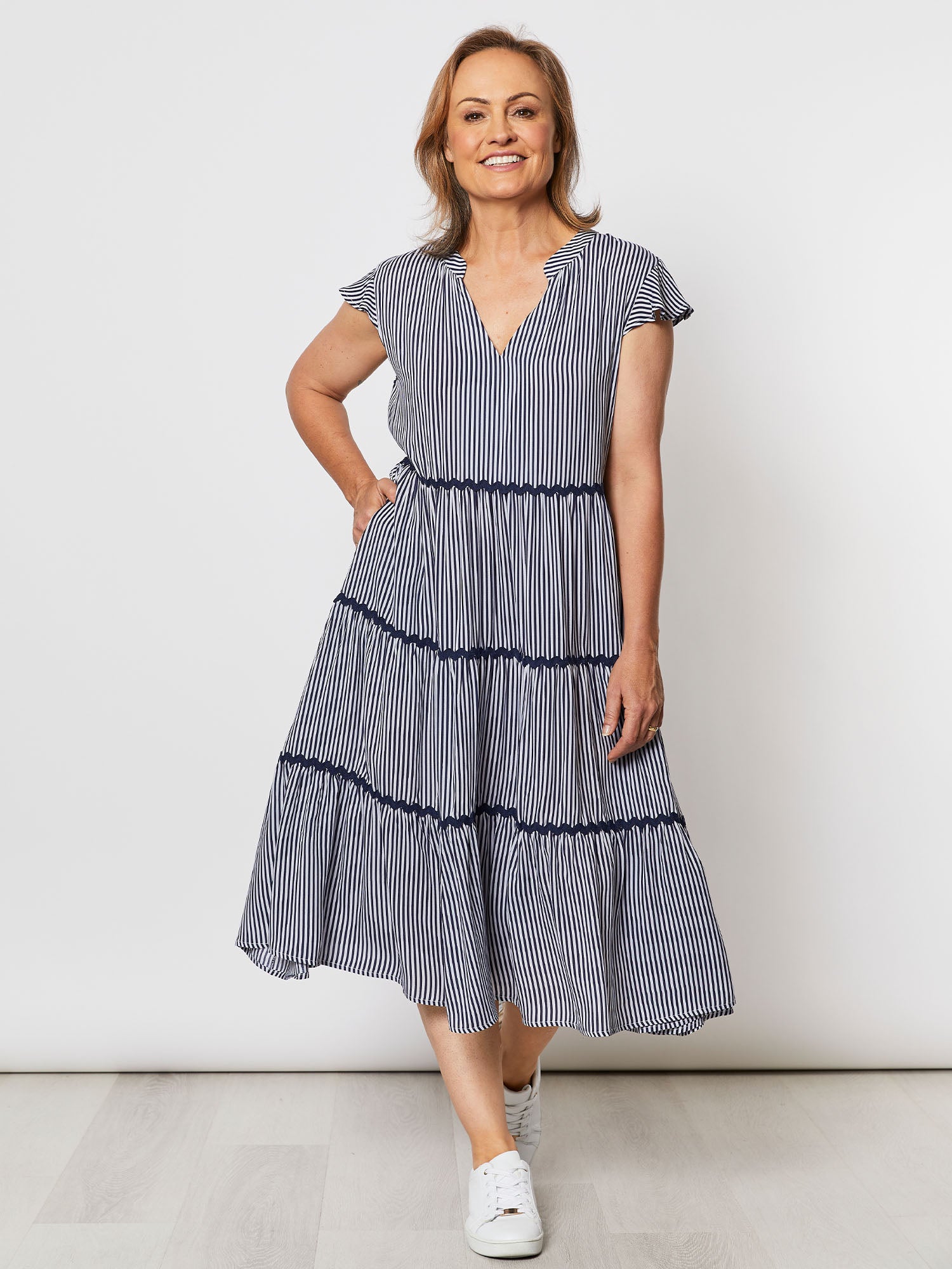 Stripe Tiered Dress - Navy