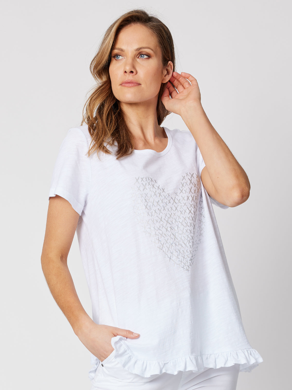 Heart Print Frill Hem Cotton Tee - White