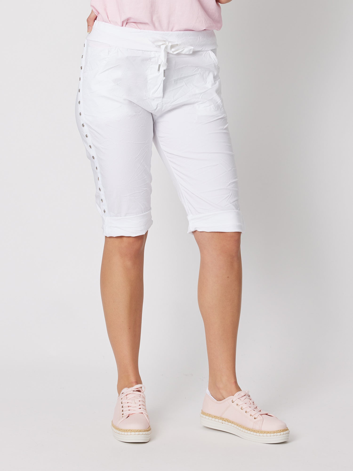 Crushed Embellished Pull On Short - White