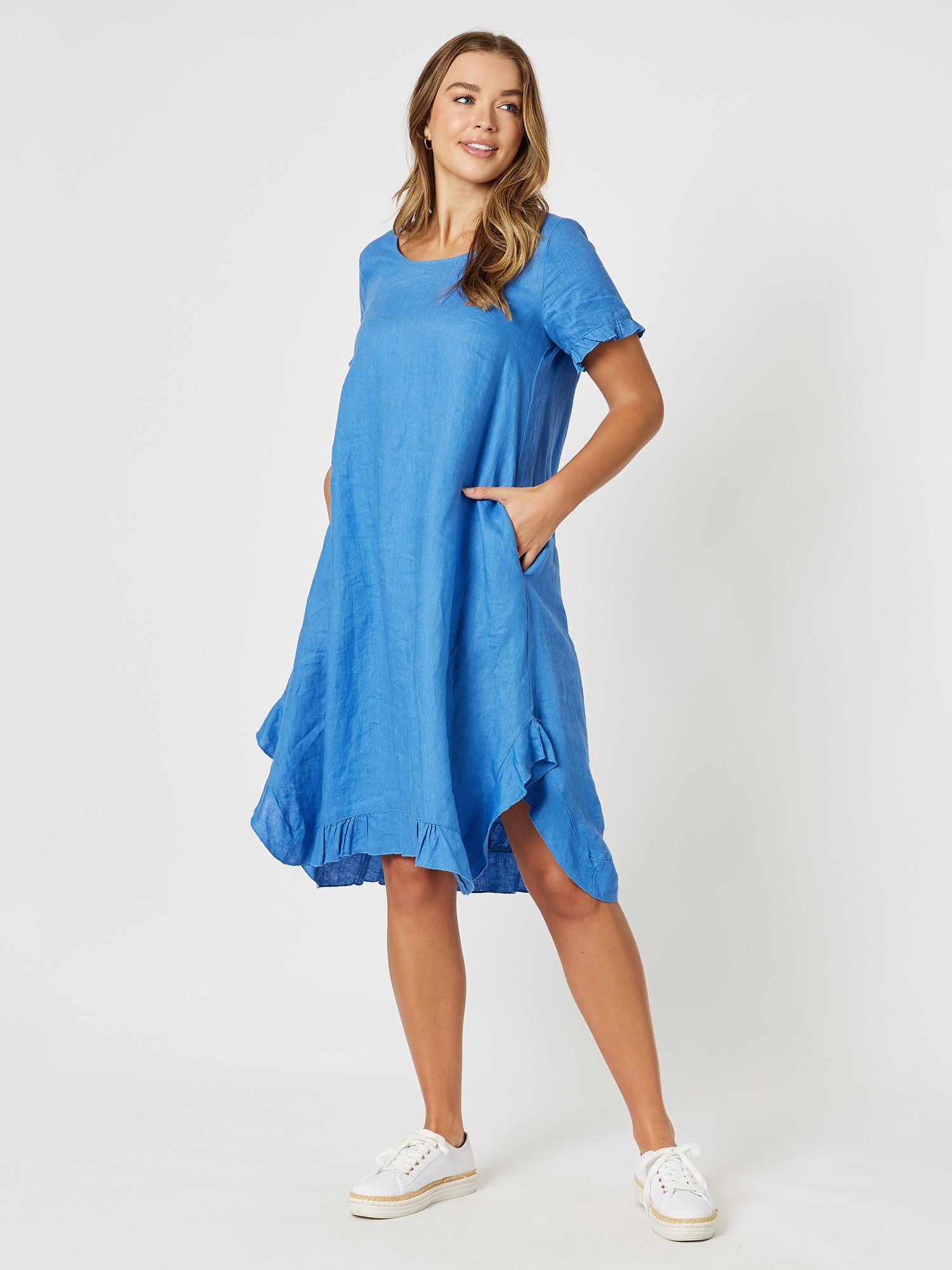 Frilled Hem Linen Dress - Cobalt