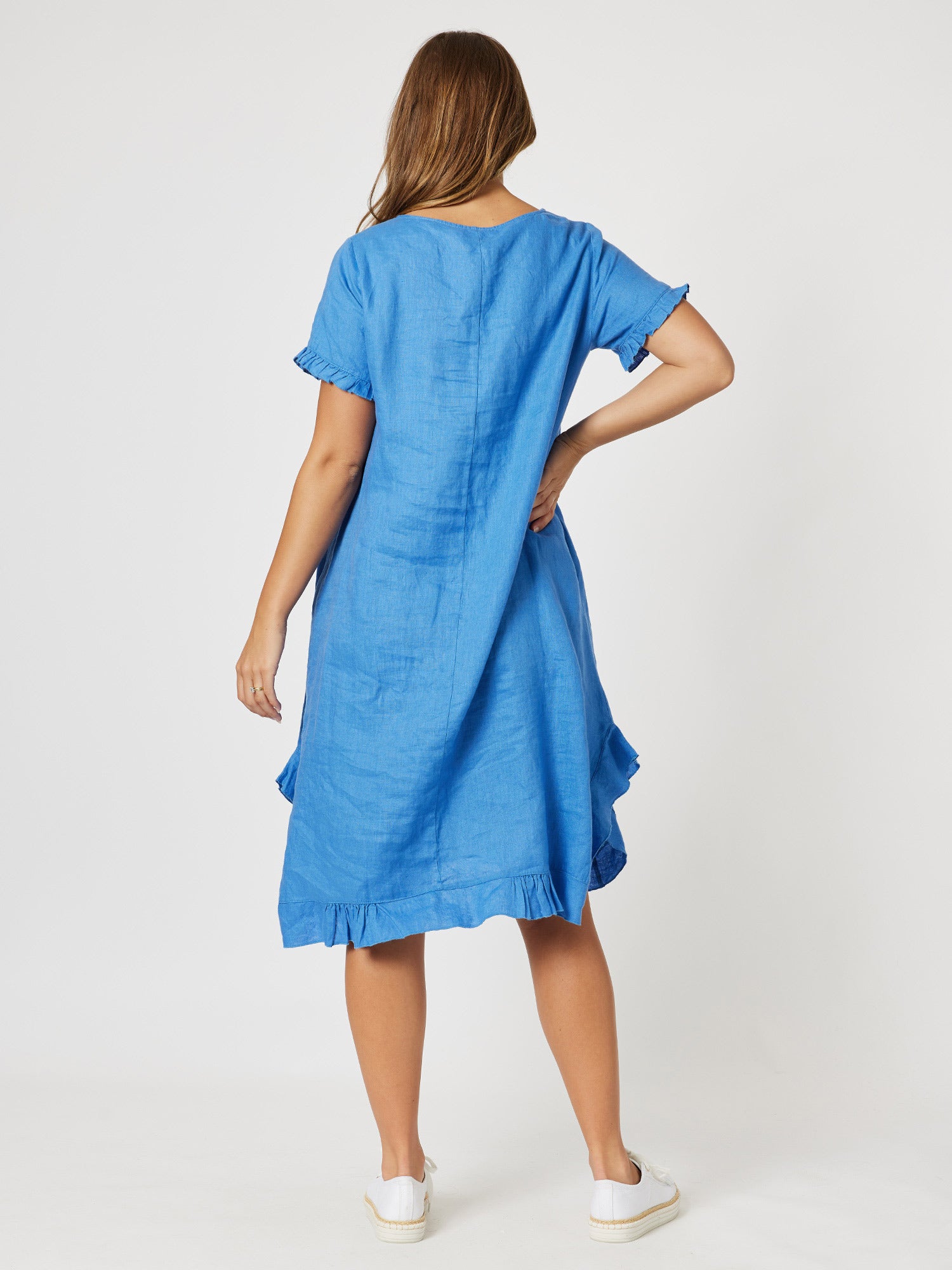 Frilled Hem Linen Dress - Cobalt