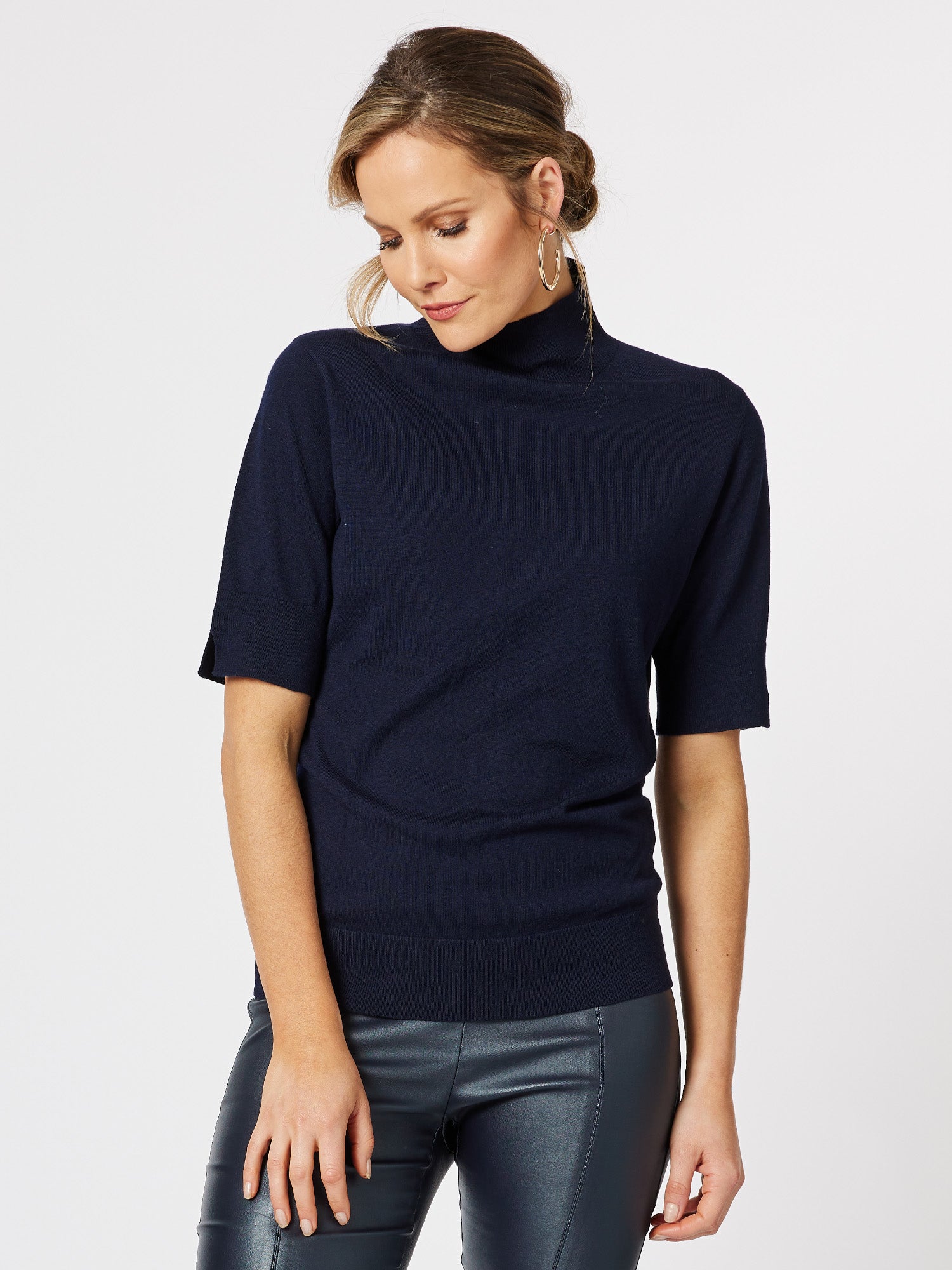 Donna High Neck Knit Top Top - Navy