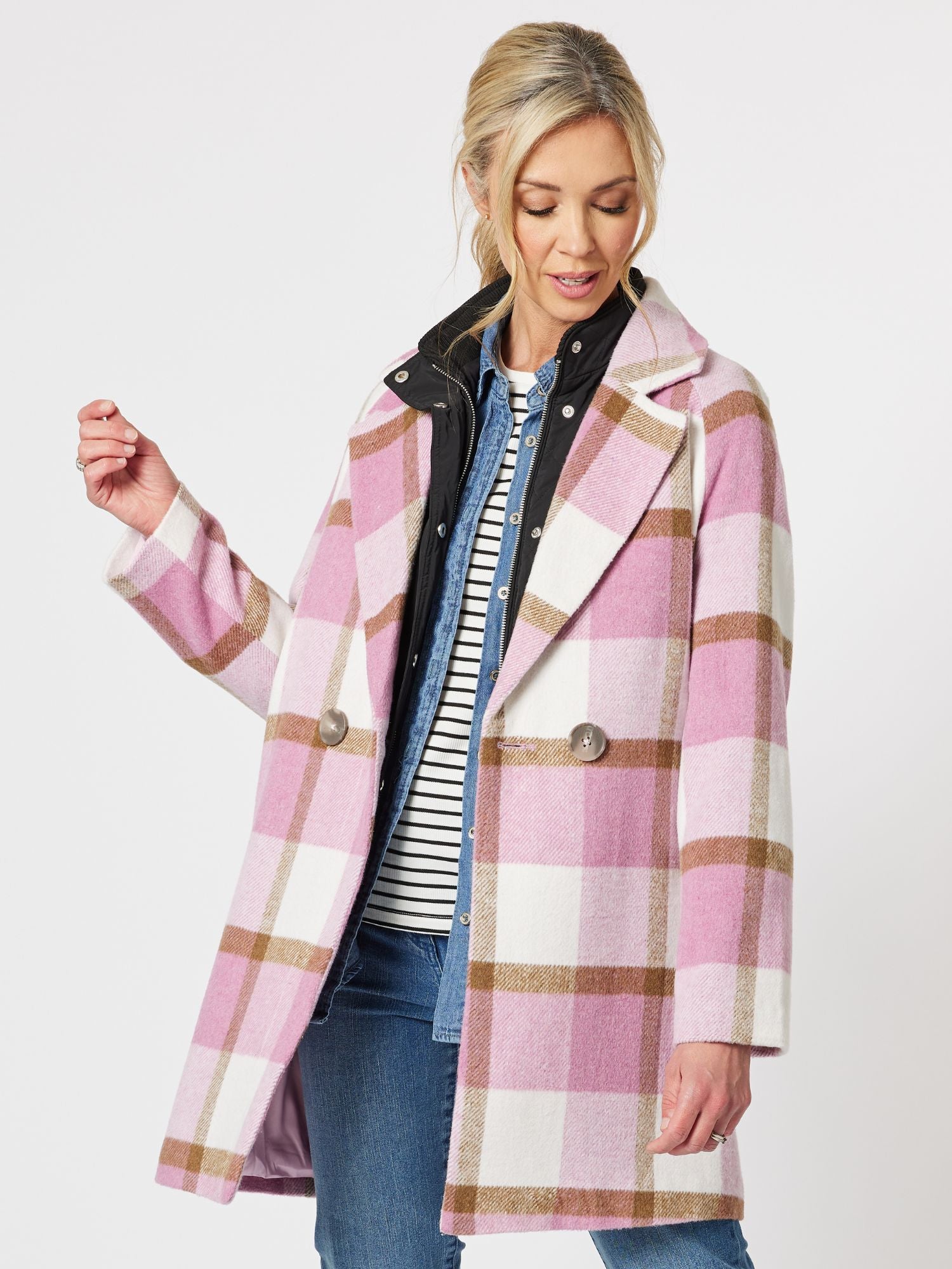 Hunter Double Breasted Check Coat - Blush