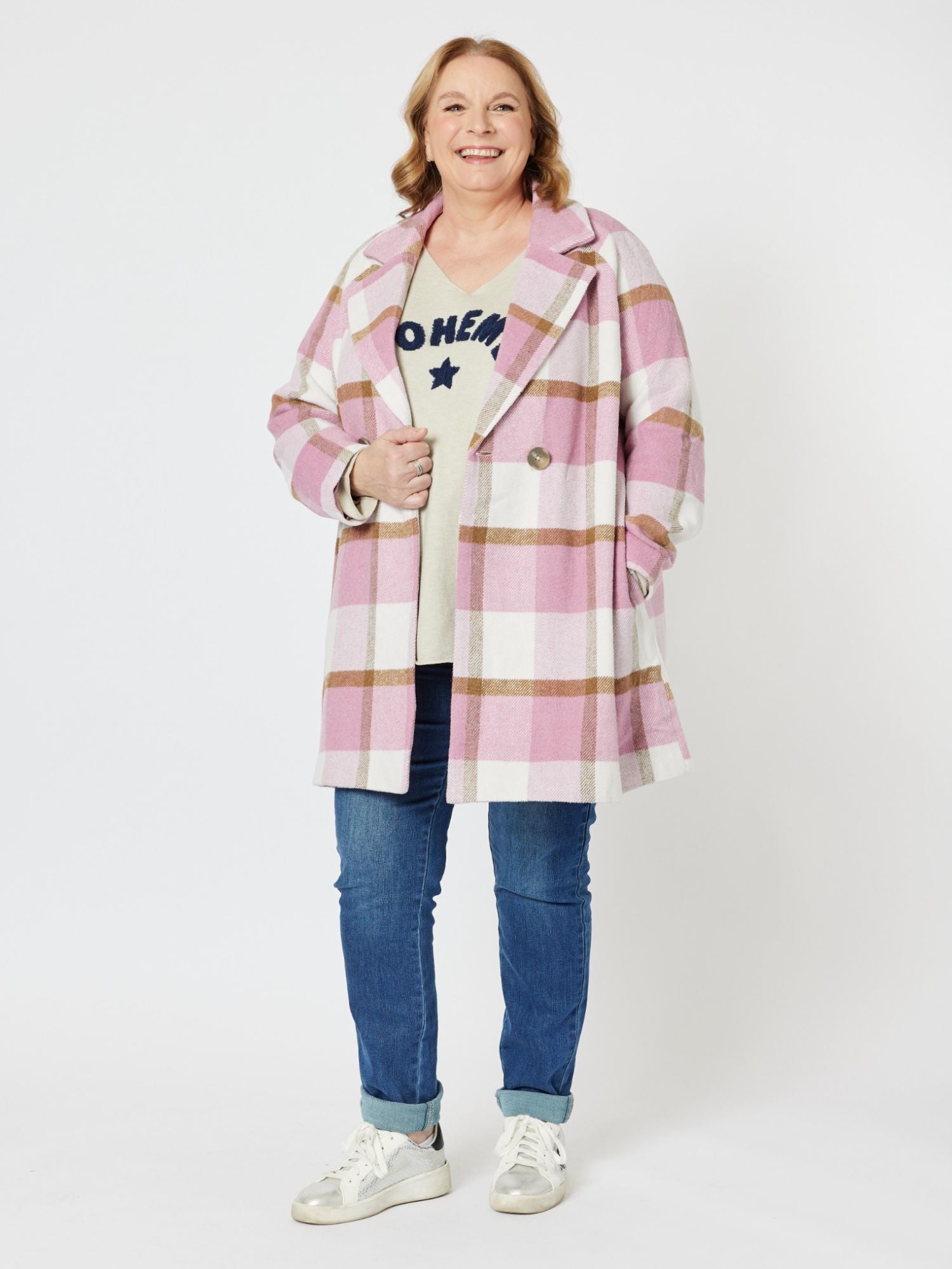 Hunter Double Breasted Check Coat - Blush