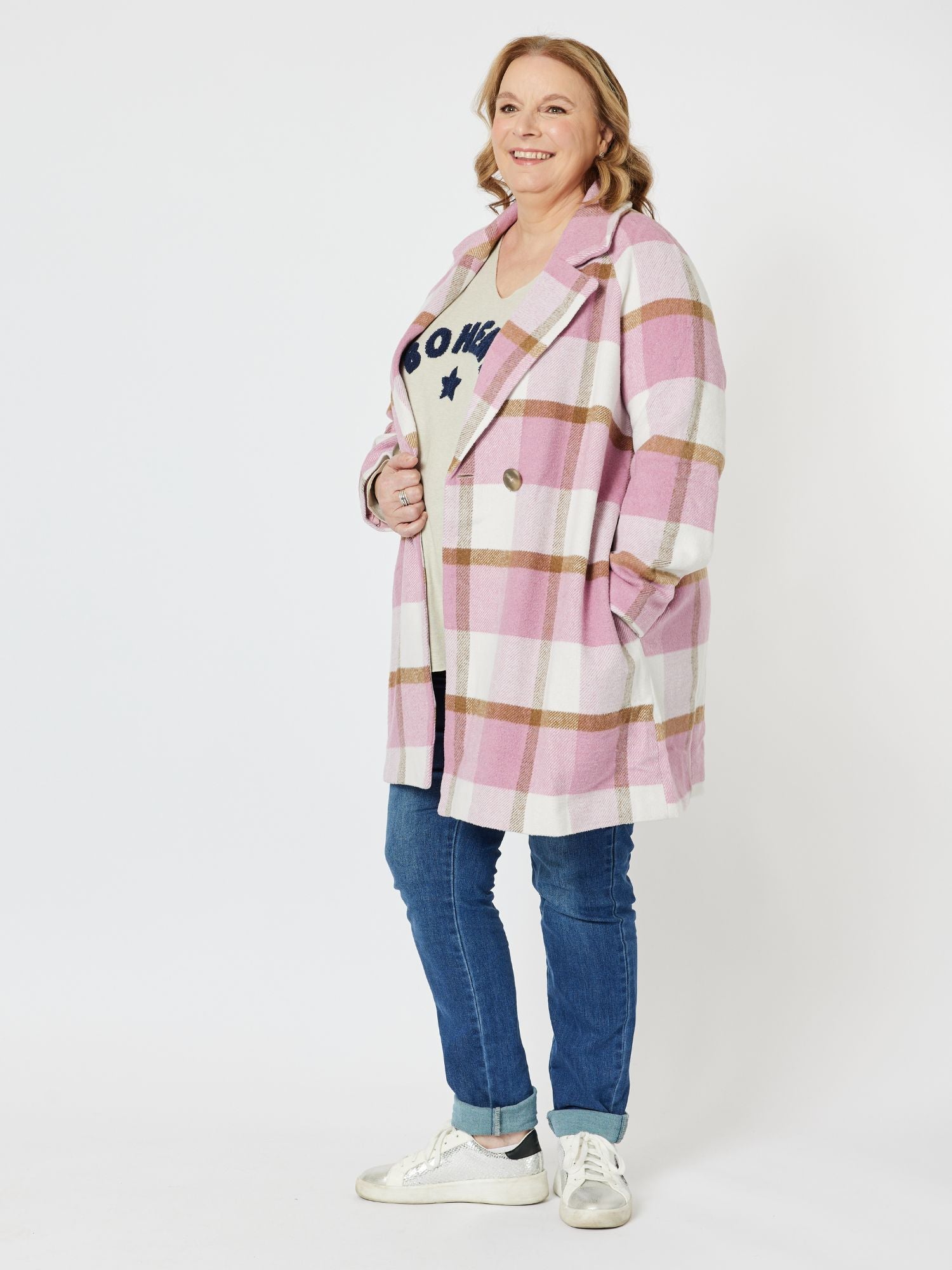 Hunter Double Breasted Check Coat - Blush