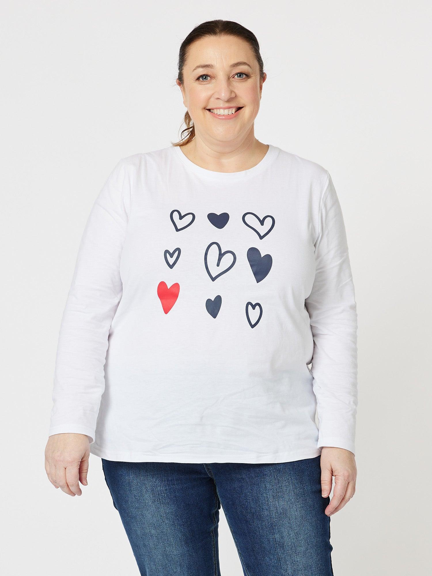 Heart Print Long Sleeve Top - White